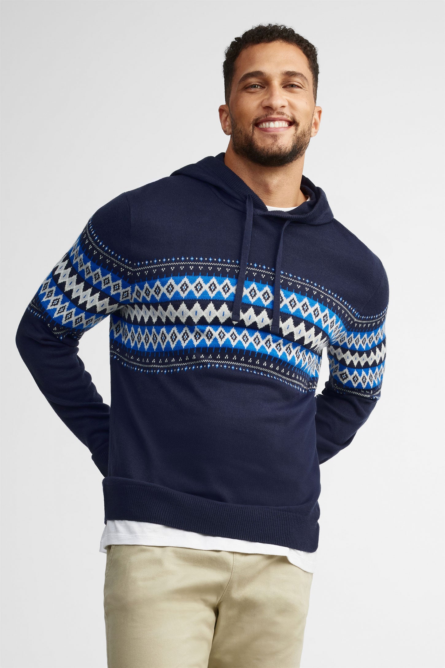 Chandail à capuchon en tricot Fair Isle - Homme && MARIN/MULTI
