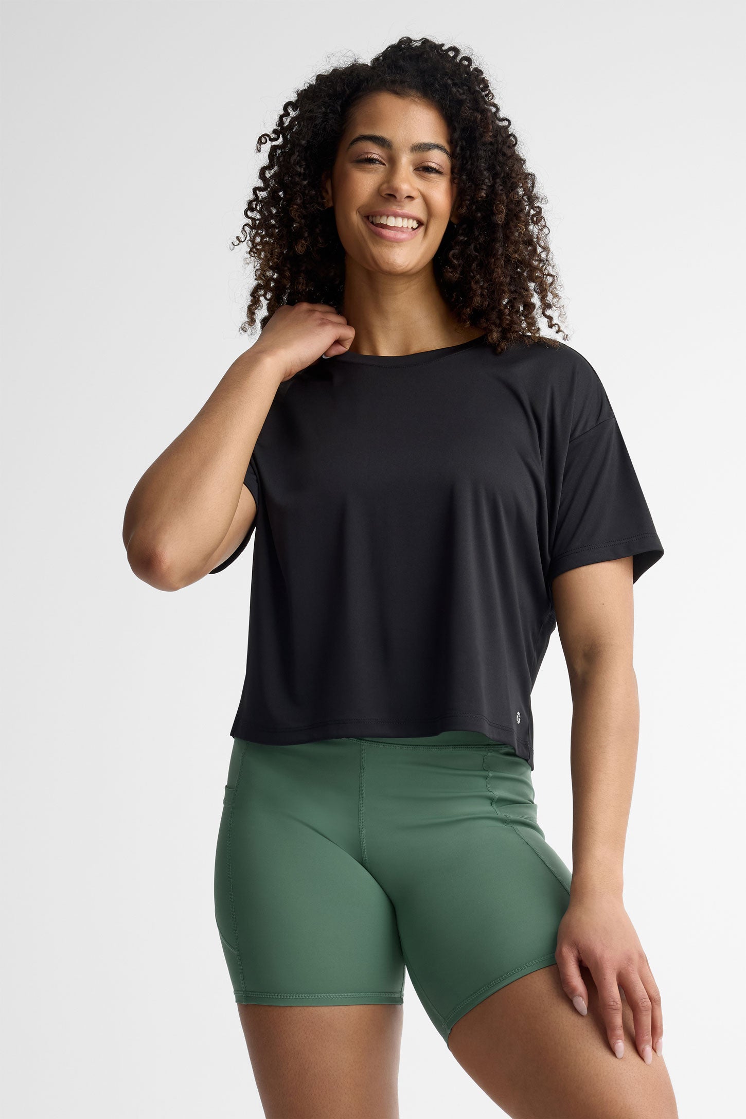 T-shirt col rond coupe écourtée athlétique - Femme && NOIR