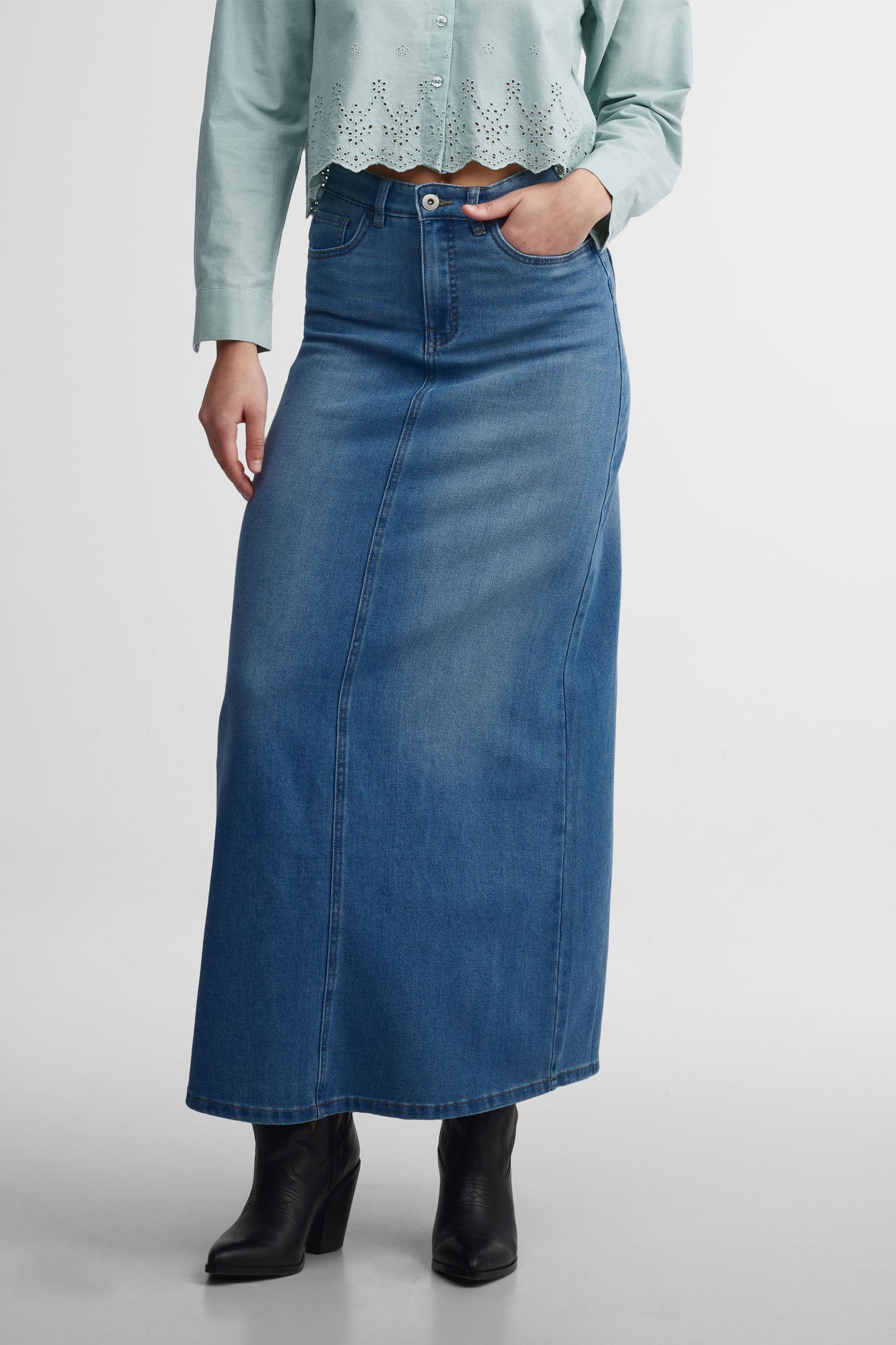 Jupe maxi en jeans taille haute - Femme && DENIM MOYEN