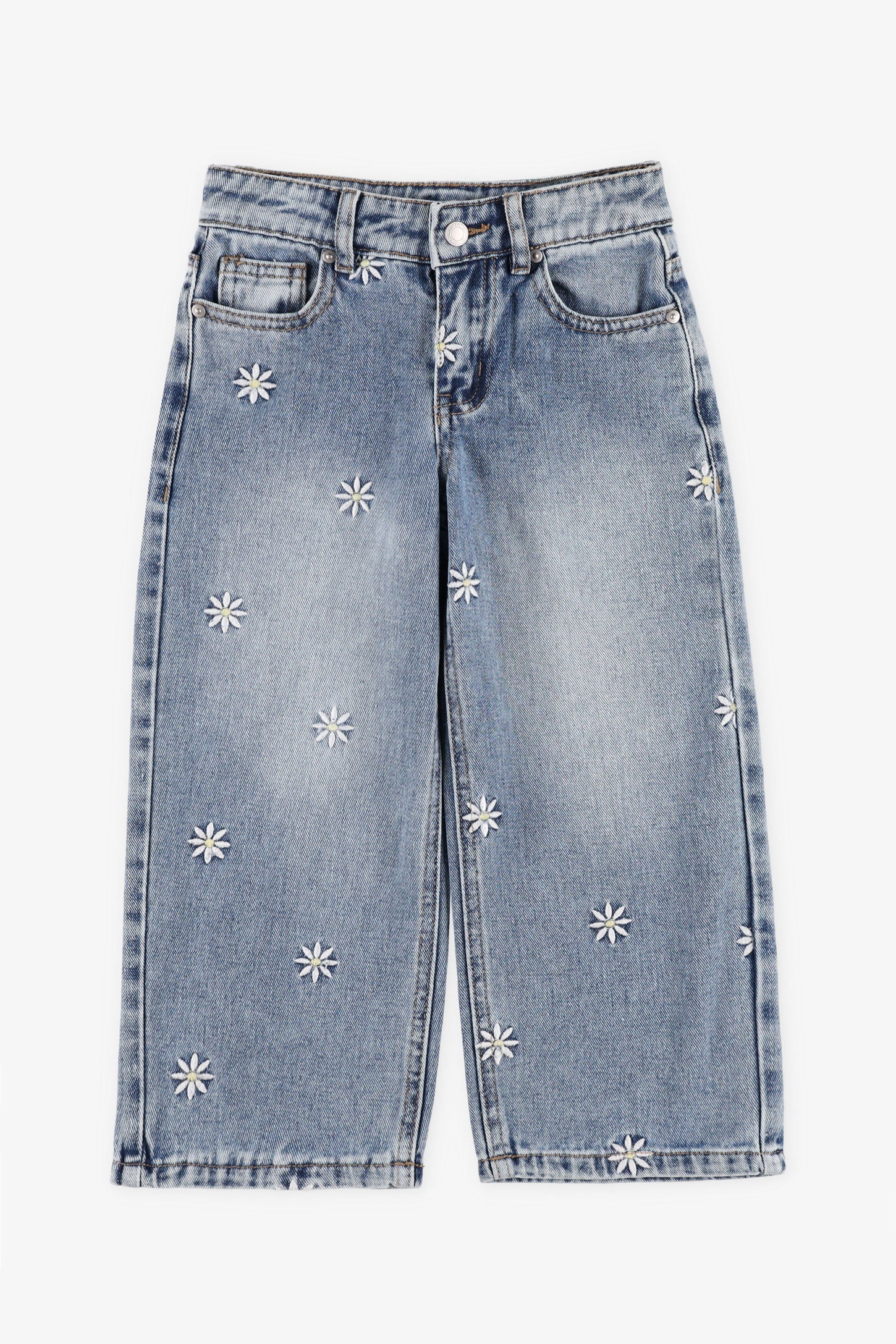 Jeans jambe large fleurs brodées - Enfant fille && BLEU