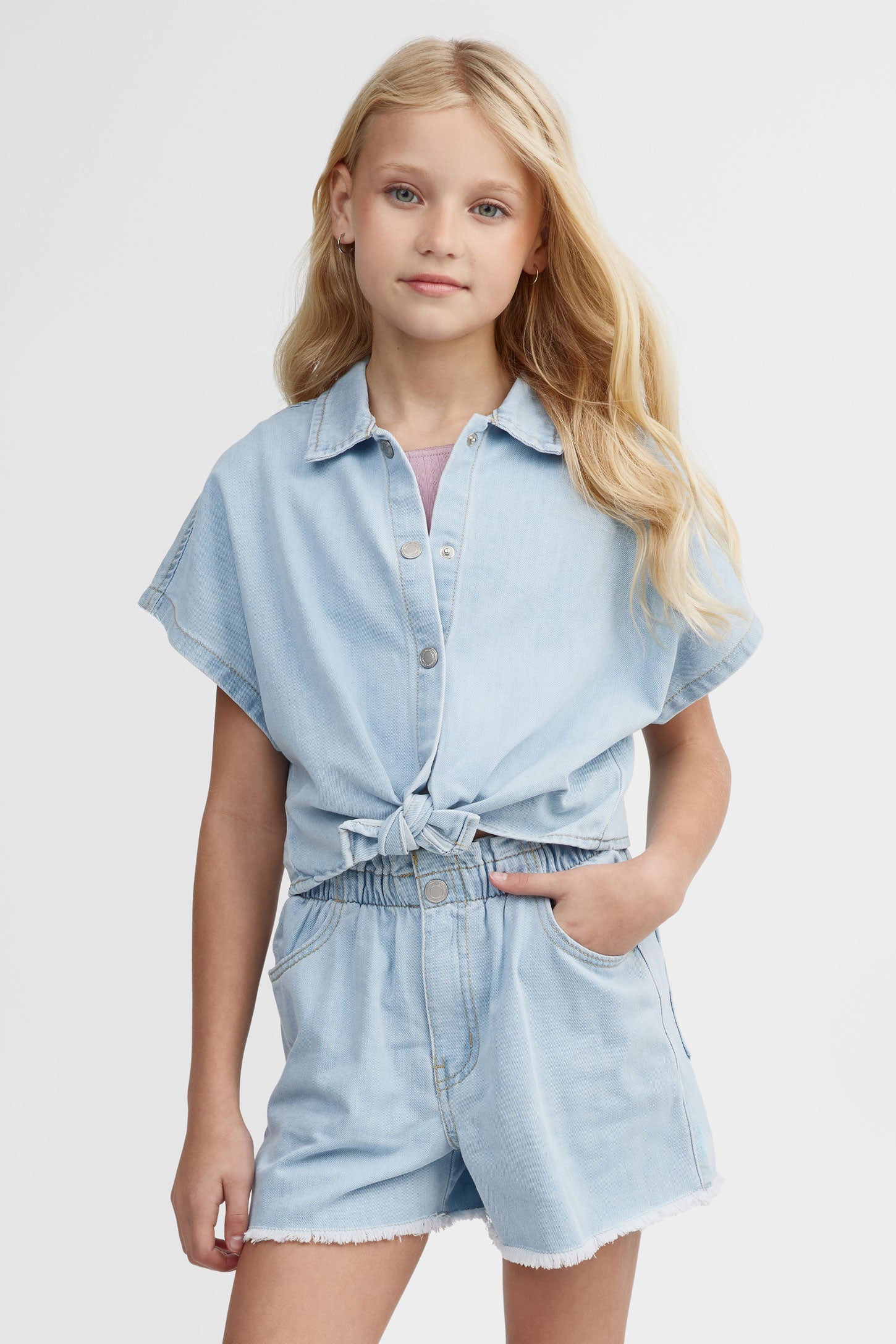 Chemisier manches courtes nouée en jeans - Ado fille && BLEU PALE
