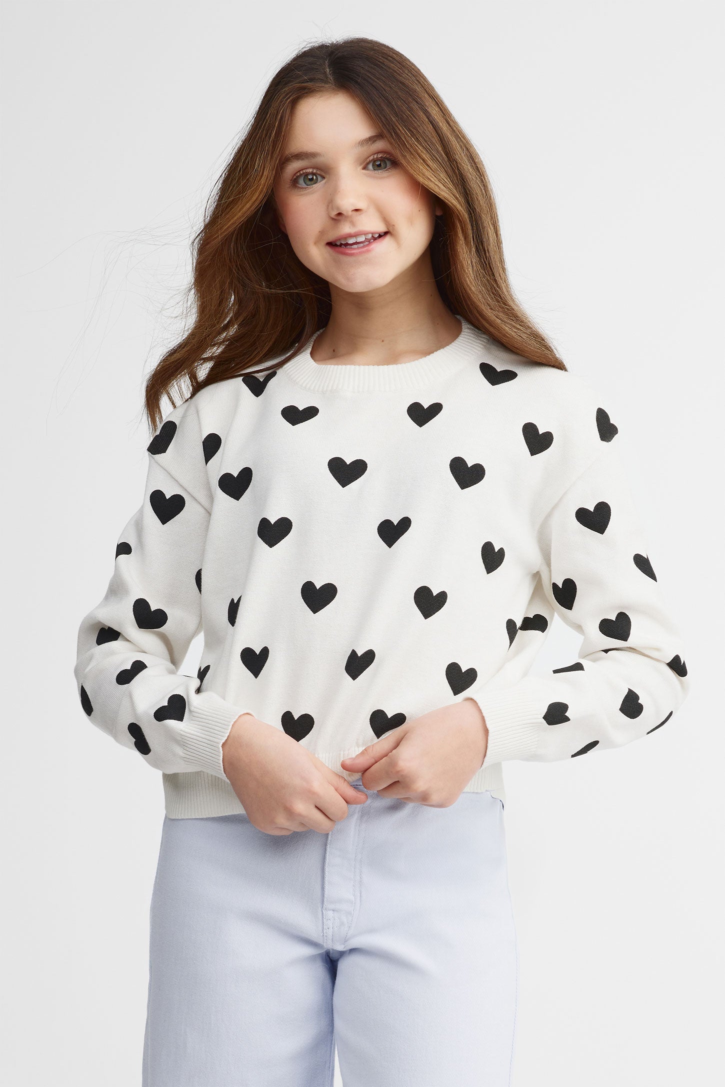 Chandail col rond tricot jacquard - Ado fille && BLANC