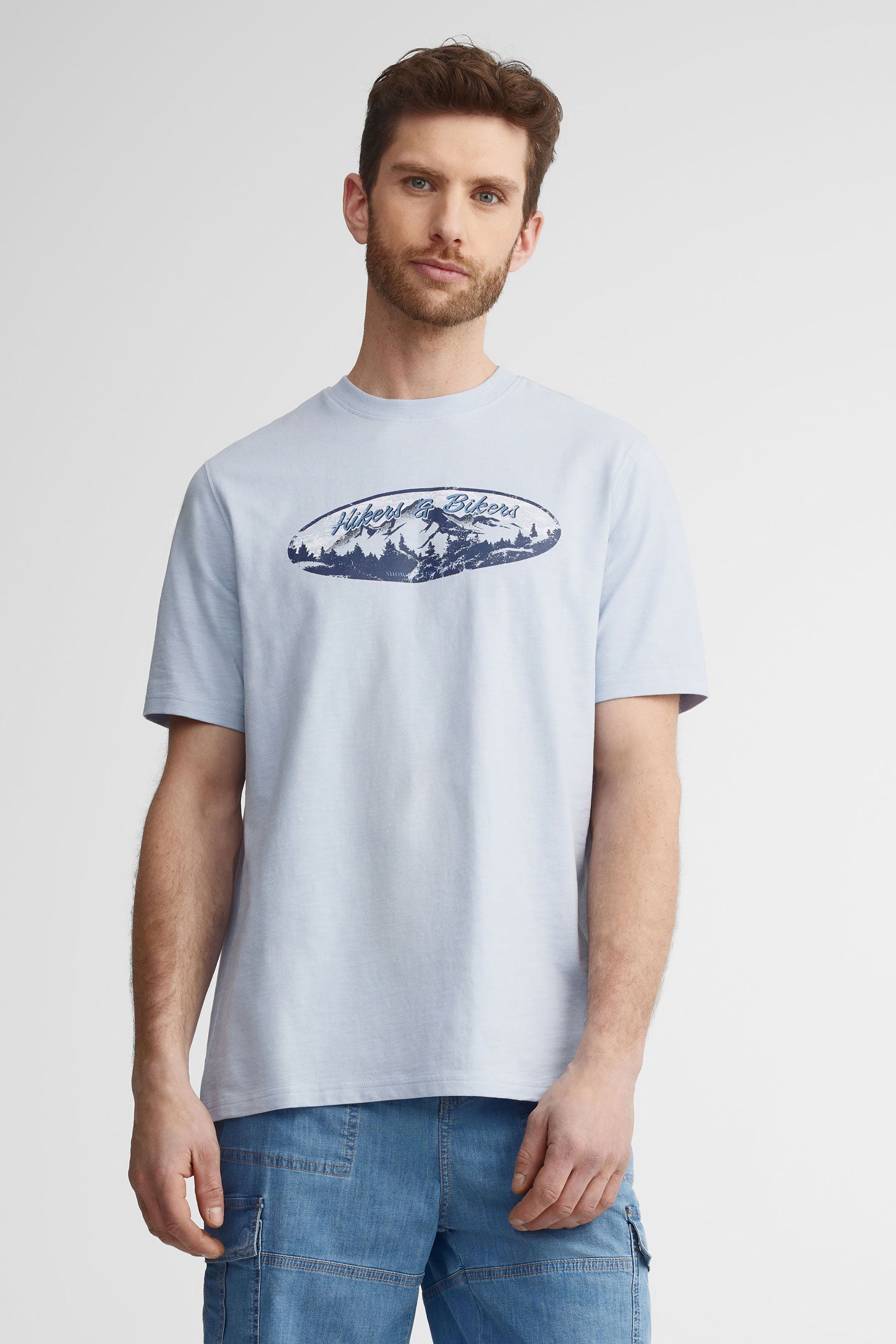 T-shirt col rond imprimé en coton - Homme && BLEU PALE
