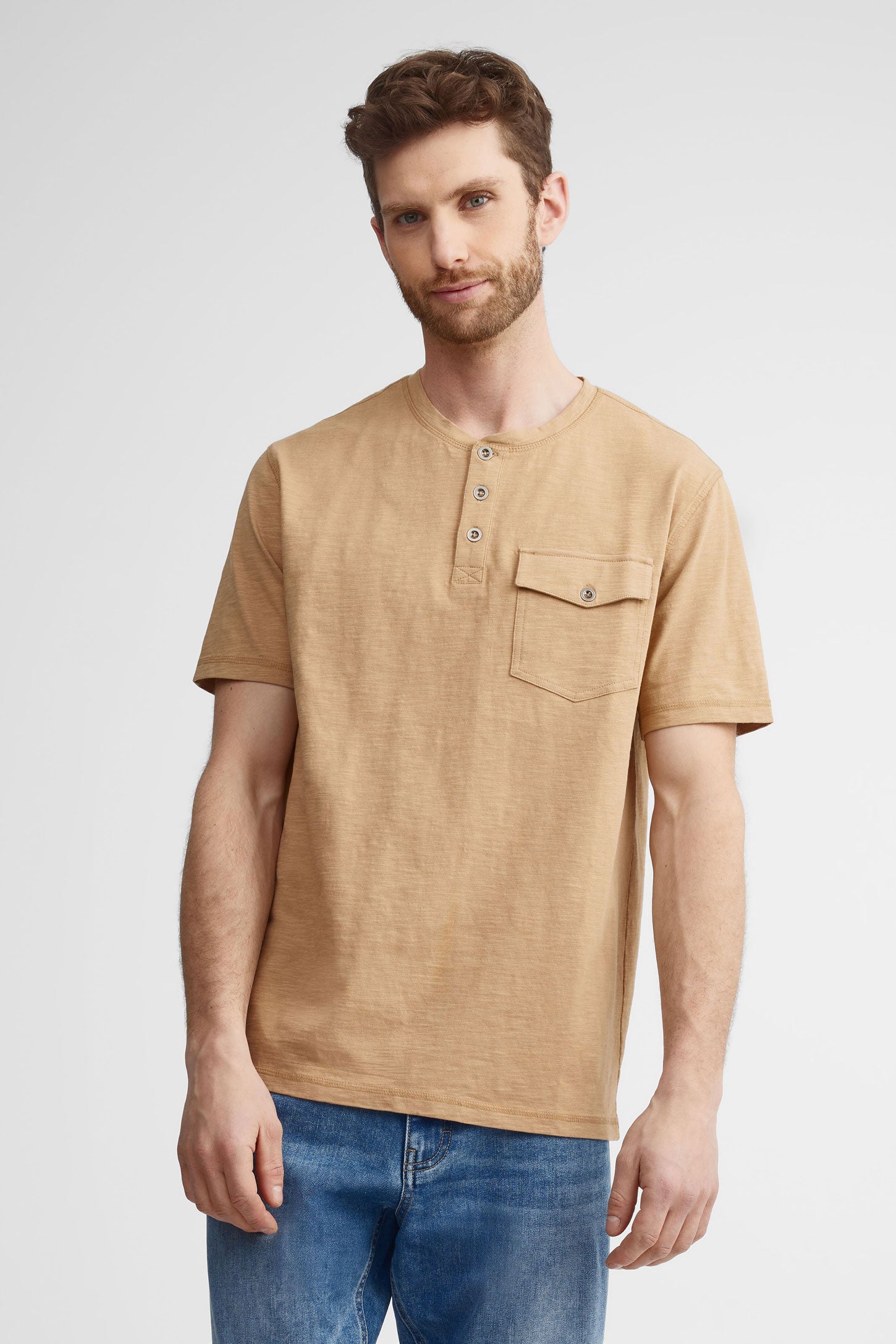 T-shirt henley en coton - Homme && BRUN
