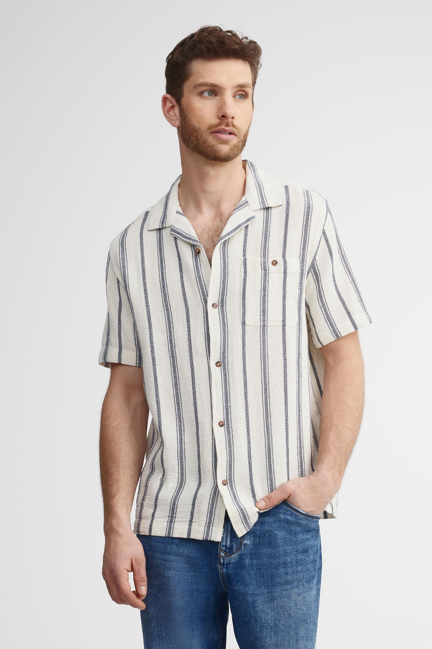 Chemise manches courtes rayée en coton - Homme && BLANC CASSÉ/MULTI