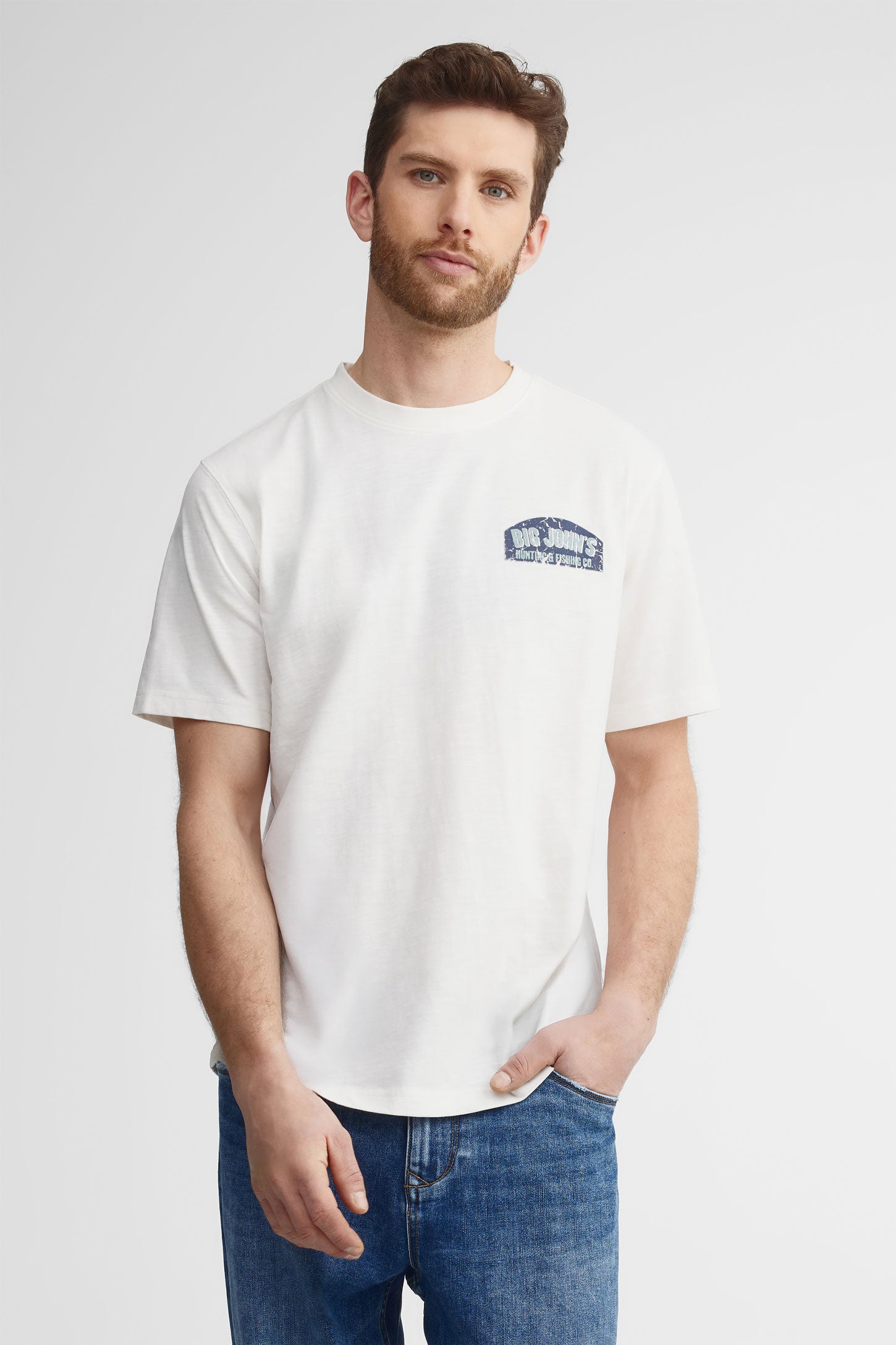 T-shirt col rond en coton - Homme && BLANC CASSÉ