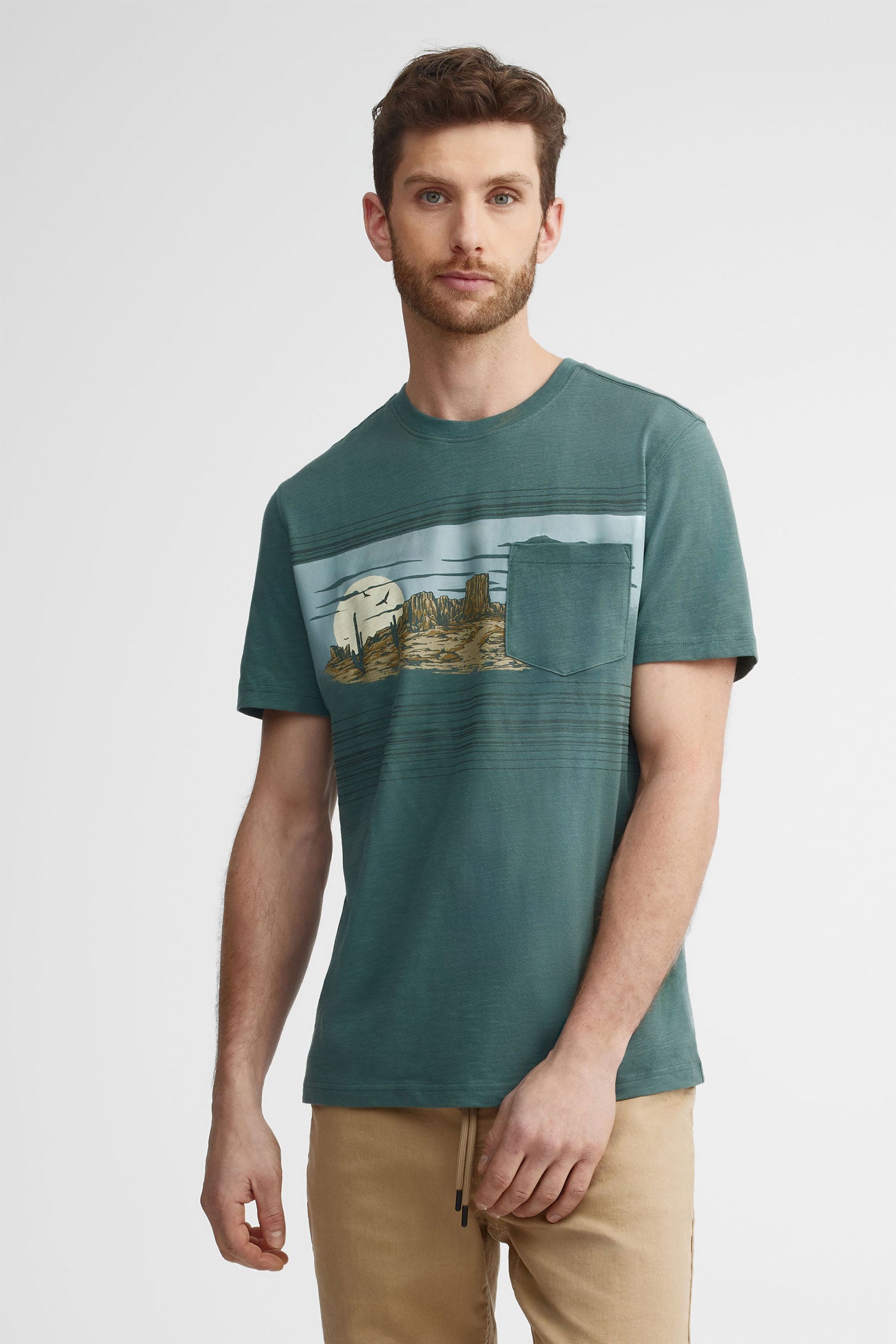 T-shirt à poche imprimé coton - Homme && BRUN