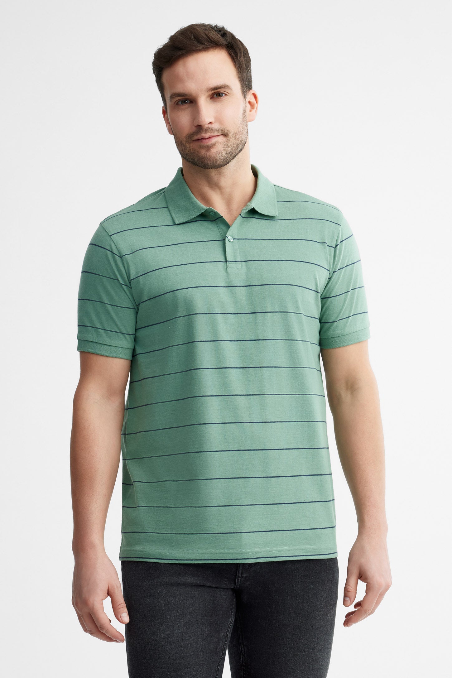 Polo manches courtes rayé coton - Homme && VERT/MULTI
