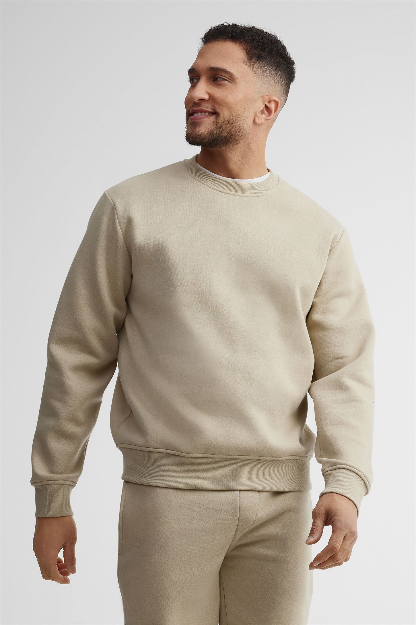 Chandail col rond coton ouaté - Homme && BEIGE