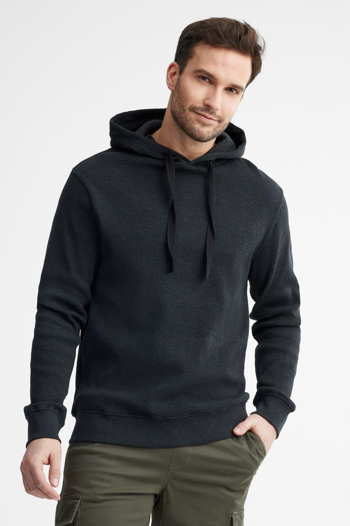 Chandail à capuchon tricot gaufré - Homme && NOIR