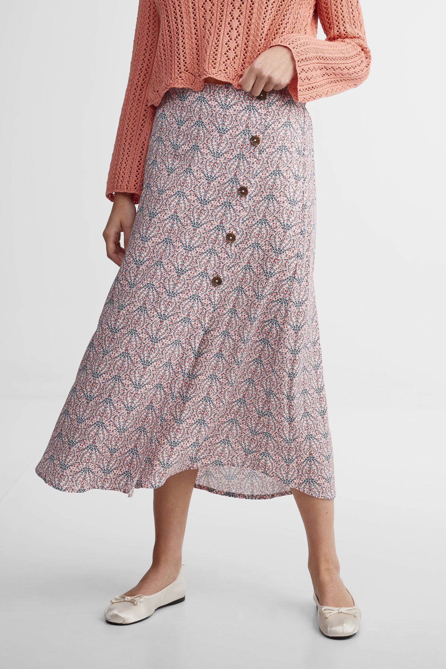 Jupe midi taille haute imprimé floral - Femme && ROUGE/MULTI