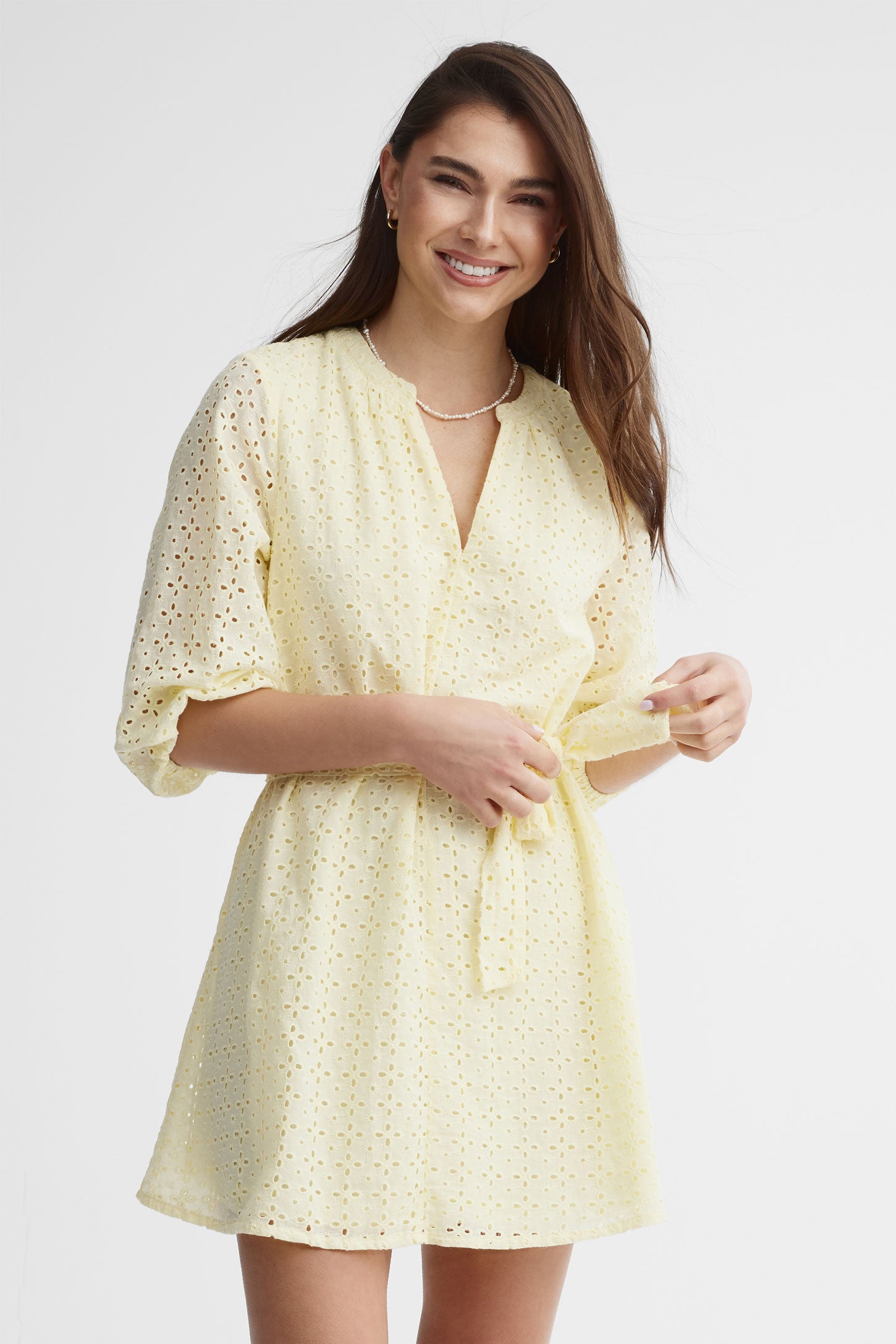 Robe manches 3/4 ballon broderie anglaise - Femme && JAUNE PALE
