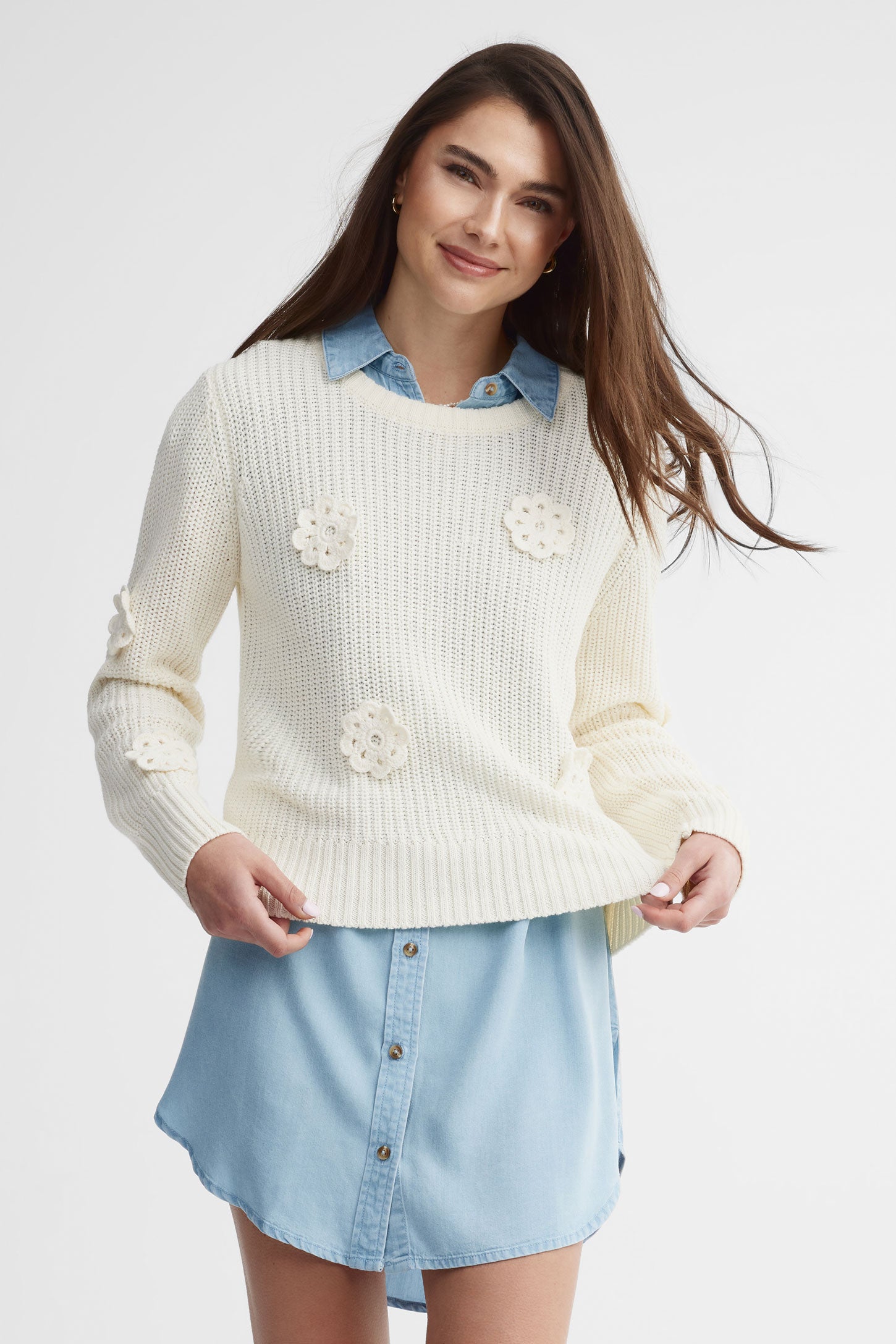Chandail tricot à fleurs - Femme && IVOIRE