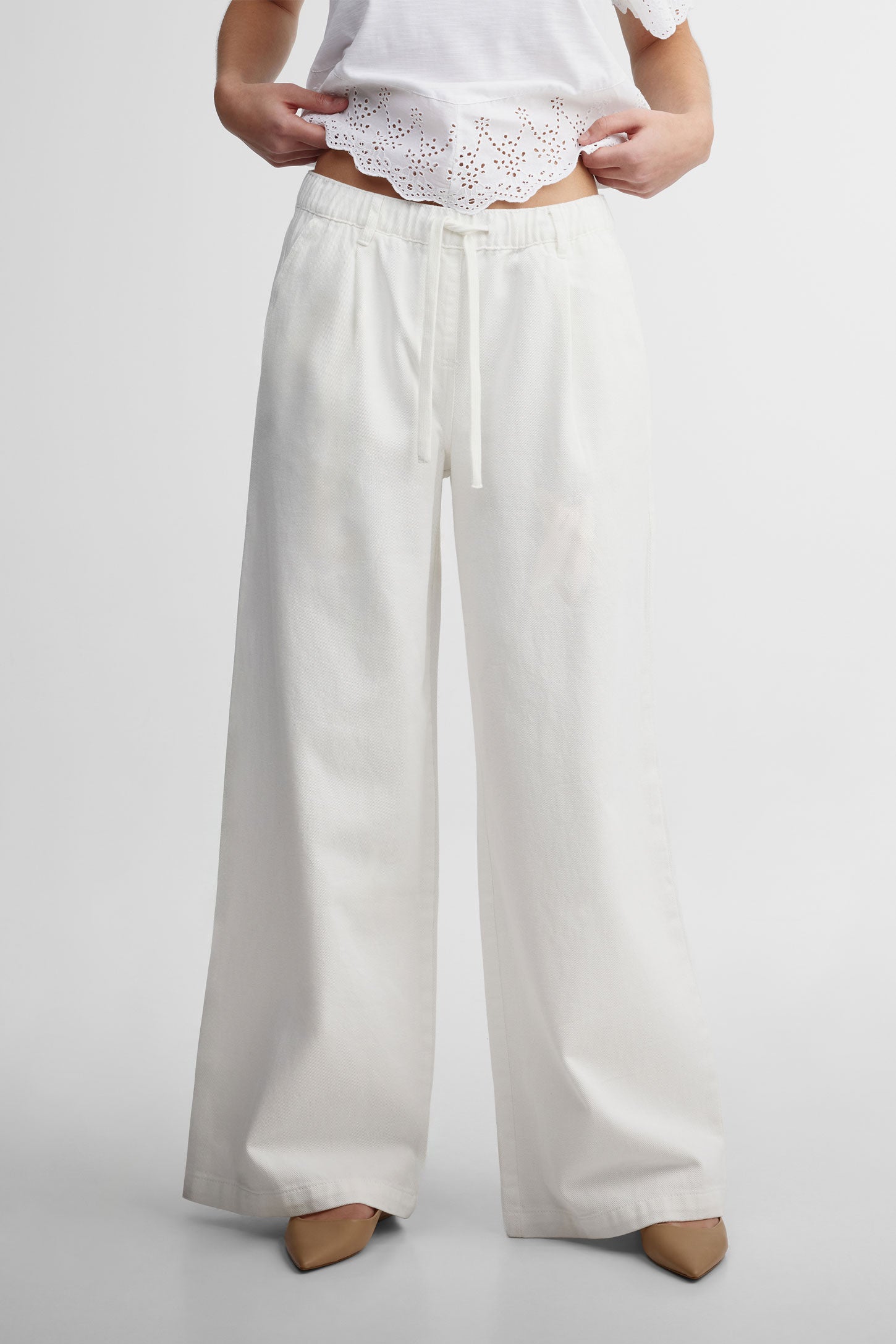 Jeans jambe large taille élastique - Femme && IVOIRE