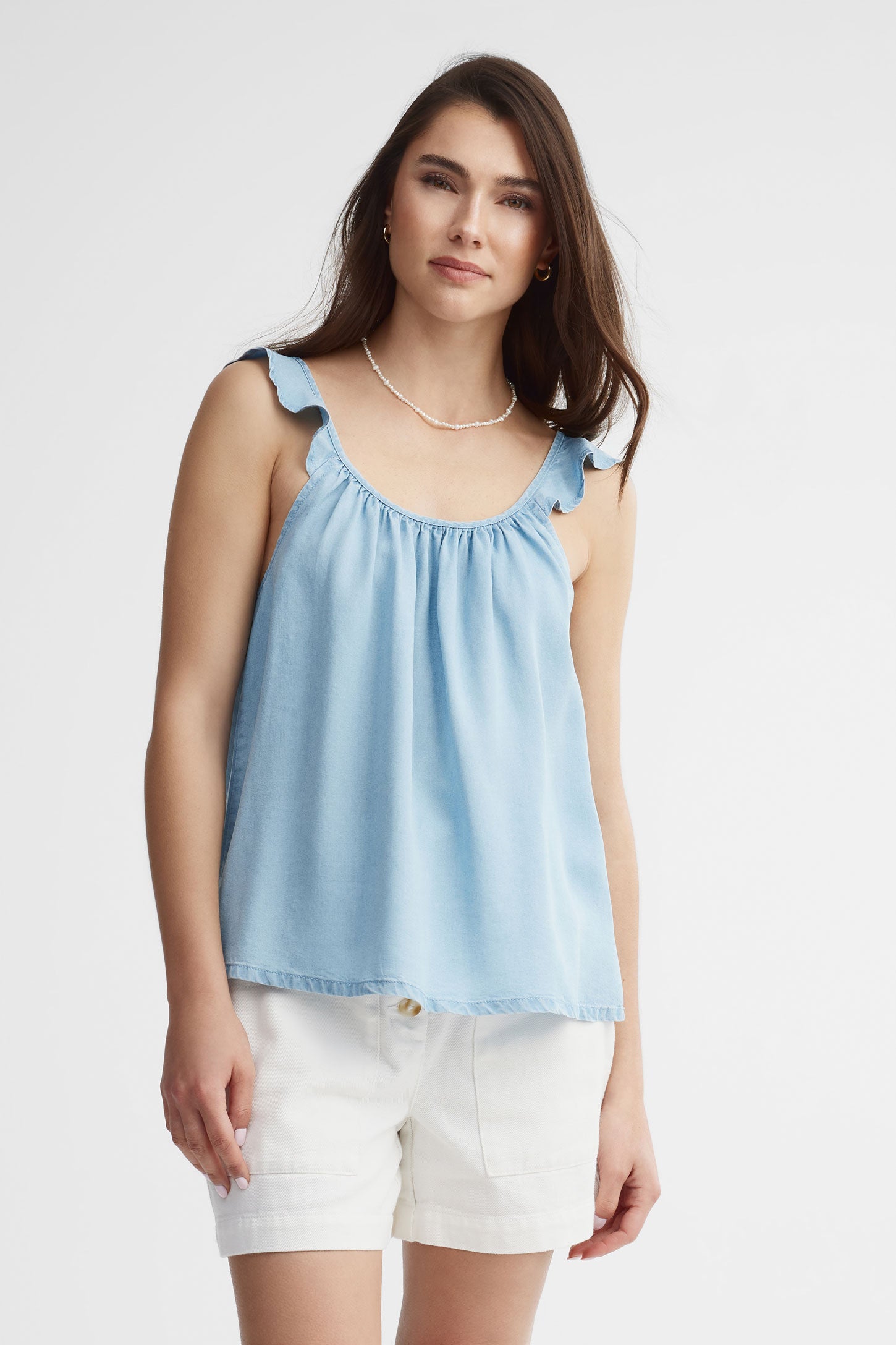Camisole bretelles à volants en lyocell - Femme && BLEU PALE