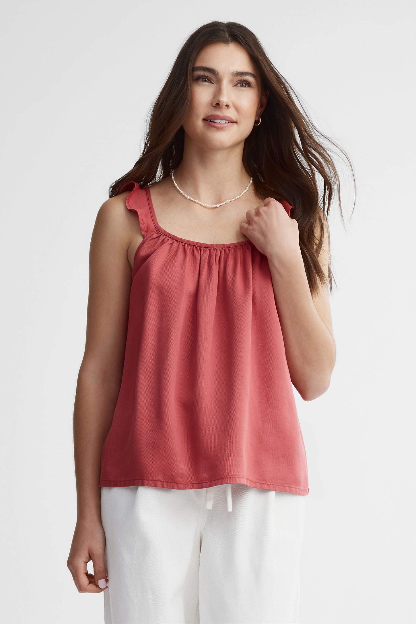Camisole bretelles à volants en lyocell - Femme && ROUGE