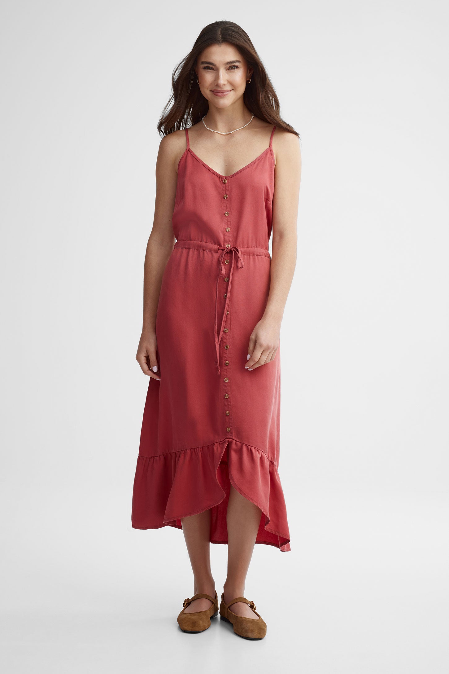 Robe midi à bretelles en lyocell - Femme && ROUGE
