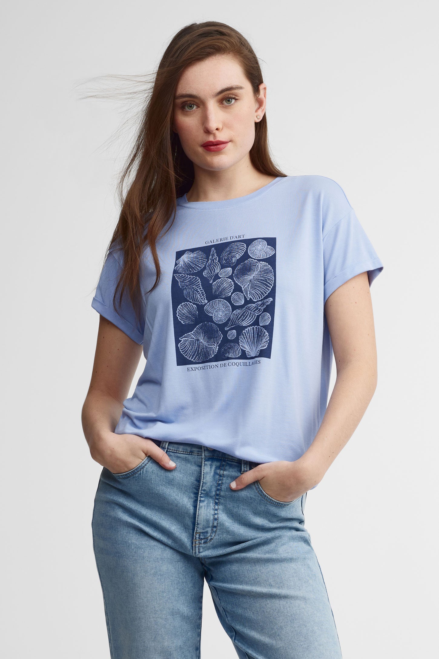 T-shirt col rond imprimé modal - Femme && BLEU MULTI