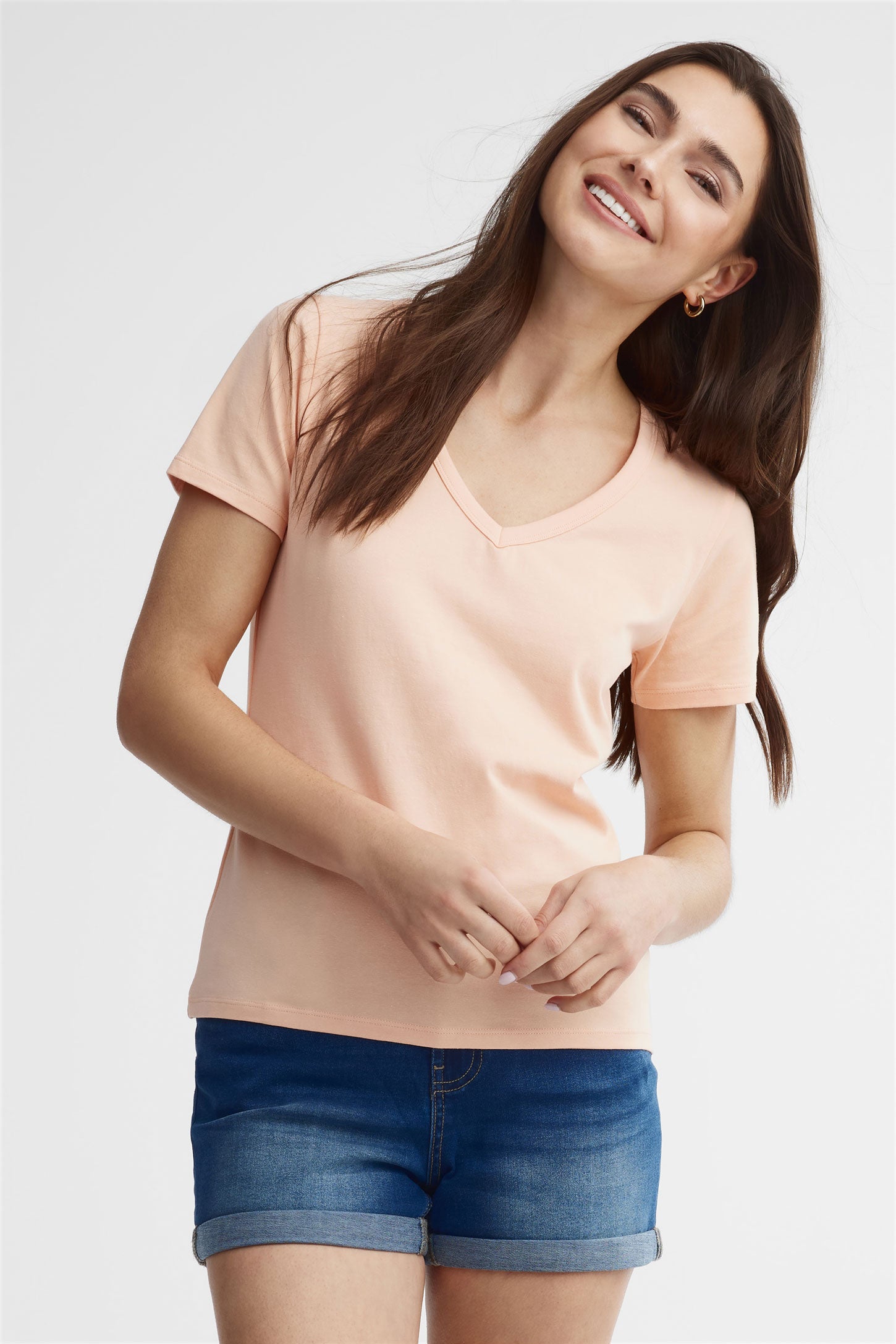 T-shirt col en V coton - Femme && CORAIL