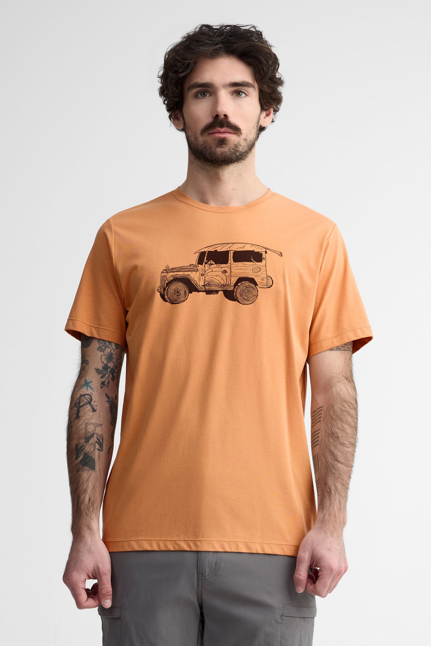 T-shirt col rond imprimé bambou - Homme && BRUN