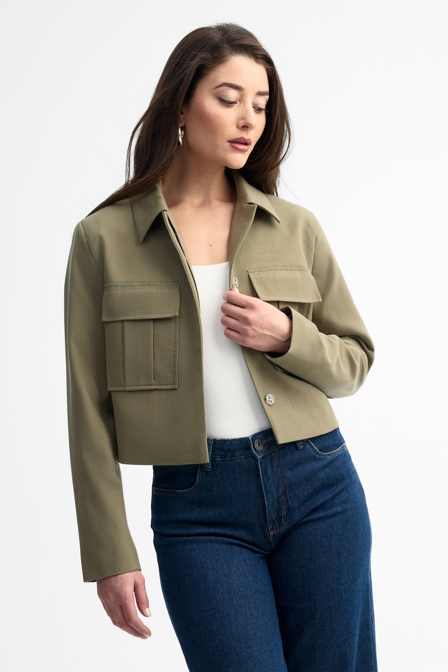 Veste tailleur coupe ample et écourtée - Femme && KAKI