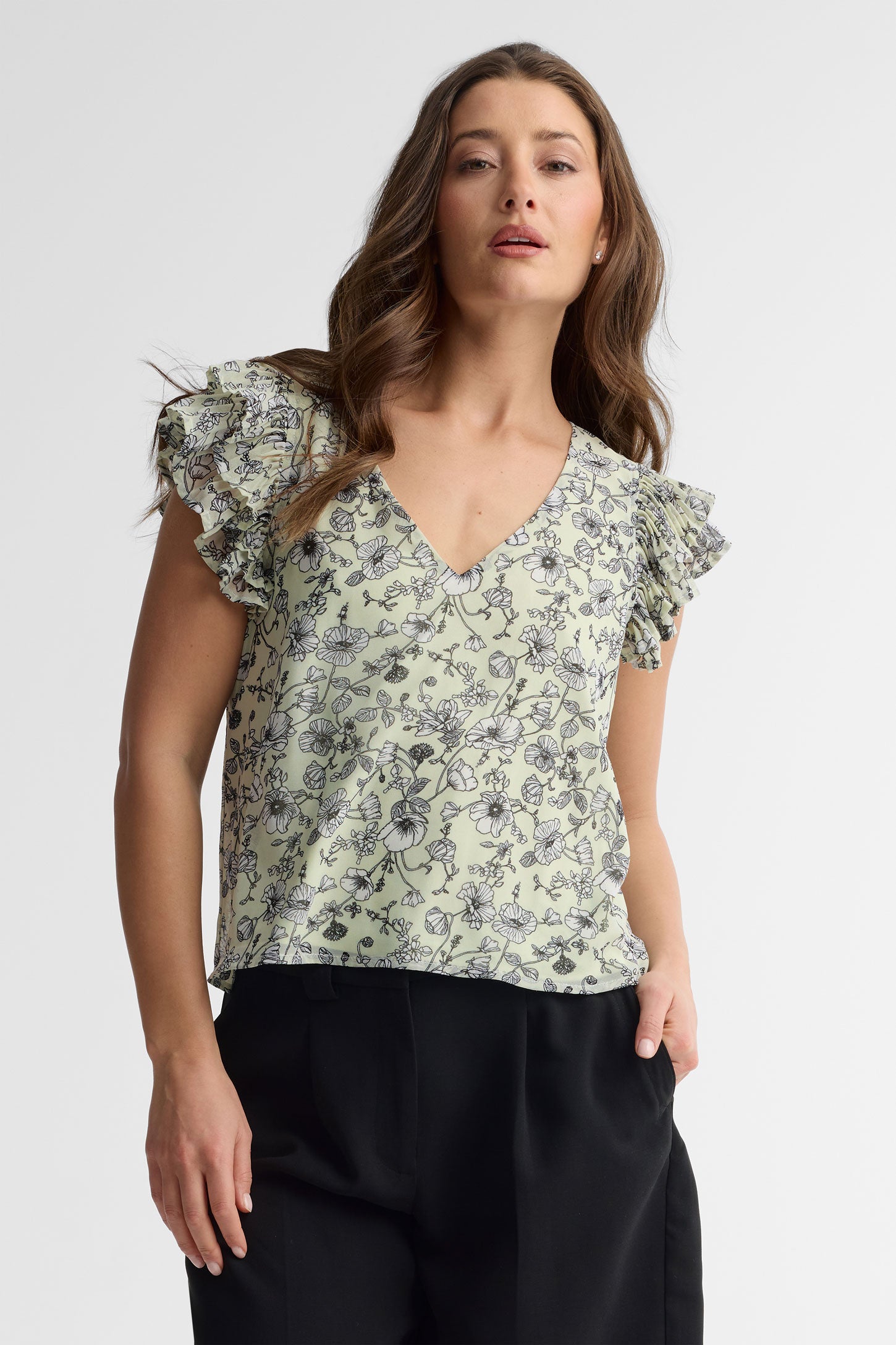 Chandail manches volants en crêpe - Femme && VERT/MULTI
