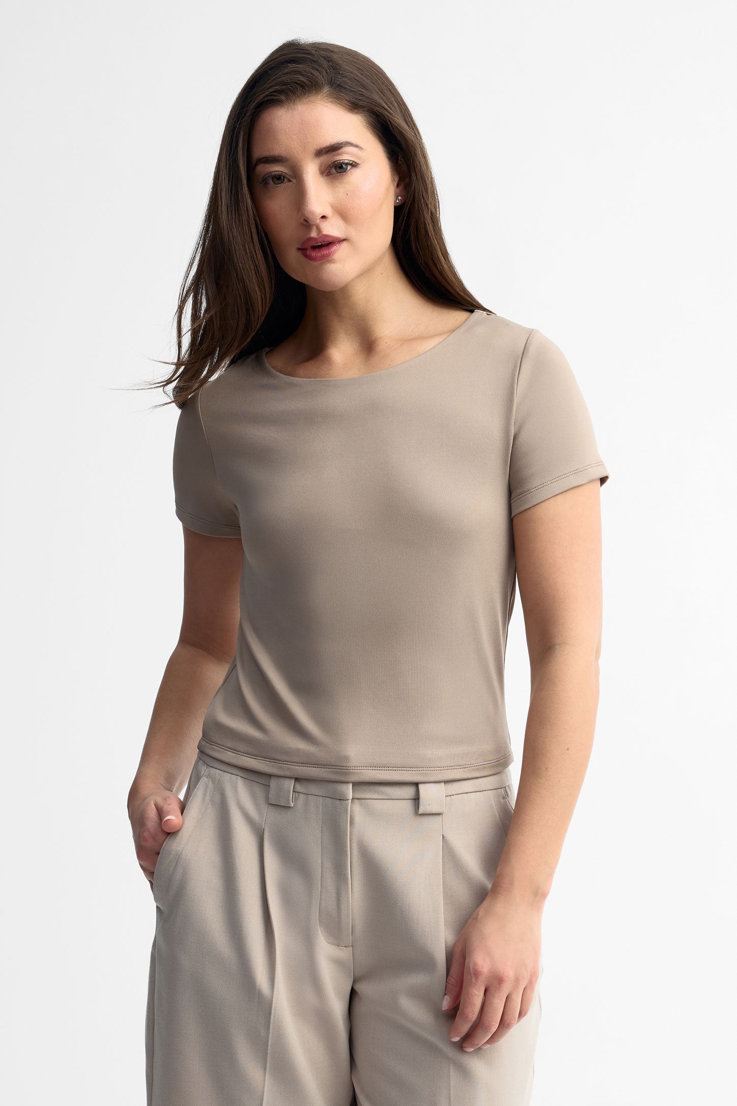 T-shirt col bateau ajusté - Femme && TAUPE