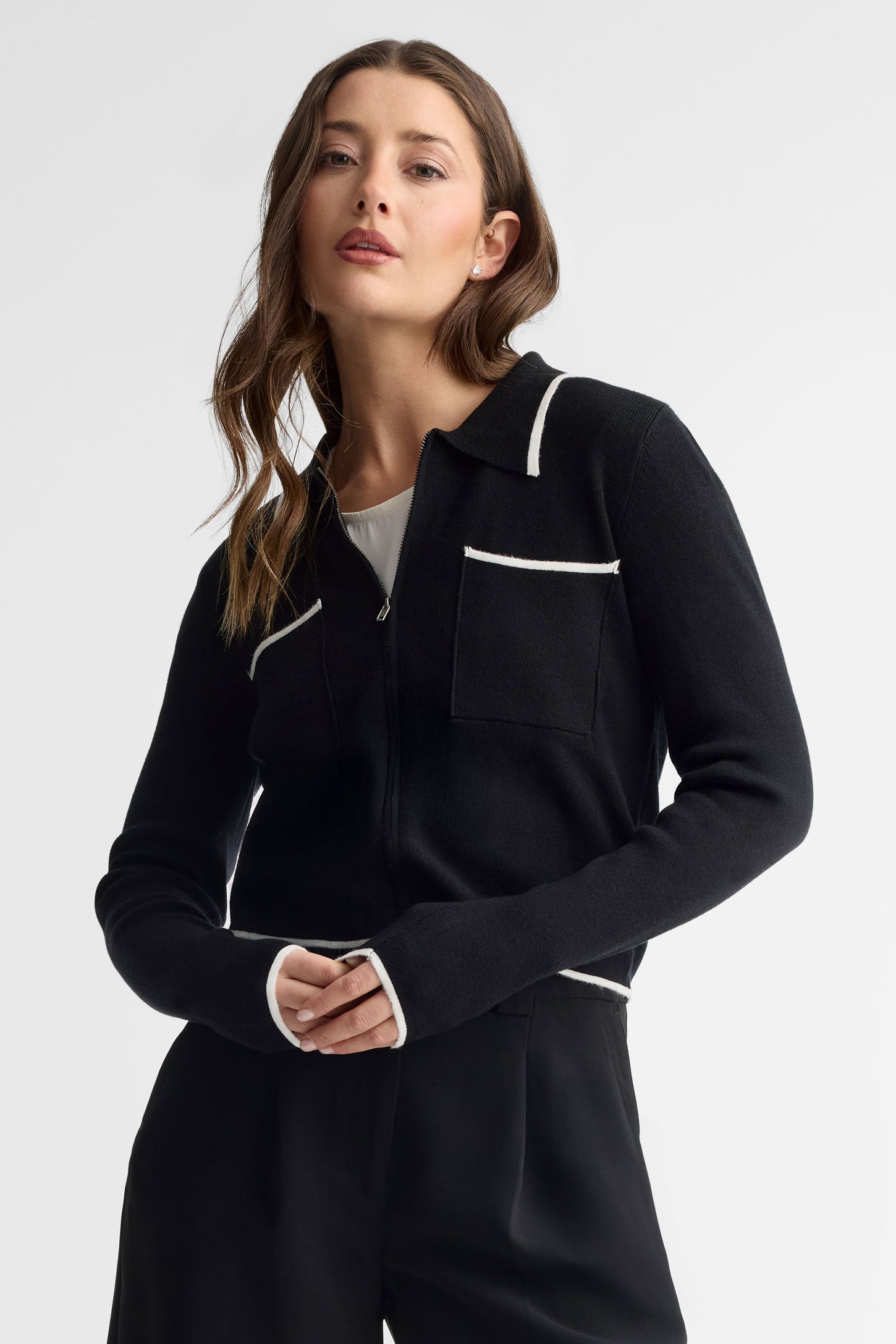 Cardigan col à revers en tricot - Femme && NOIR