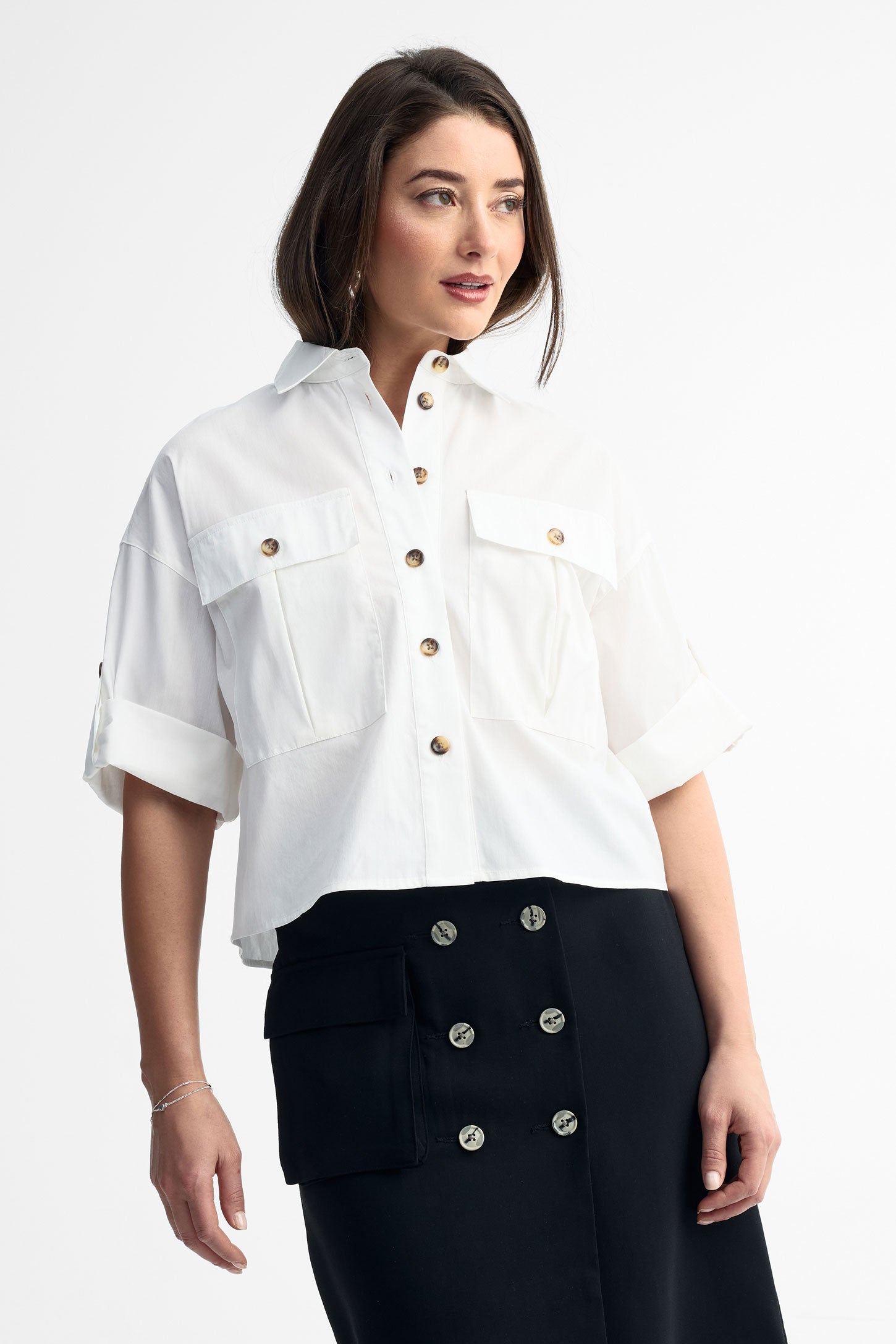 Chemisier manches courtes coton - Femme && BLANC