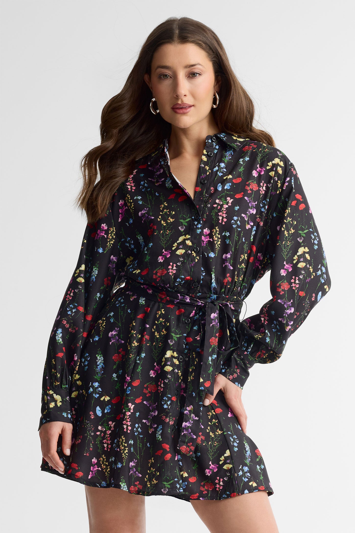 Robe-chemisier courte florale - Femme && NOIR/MULTI