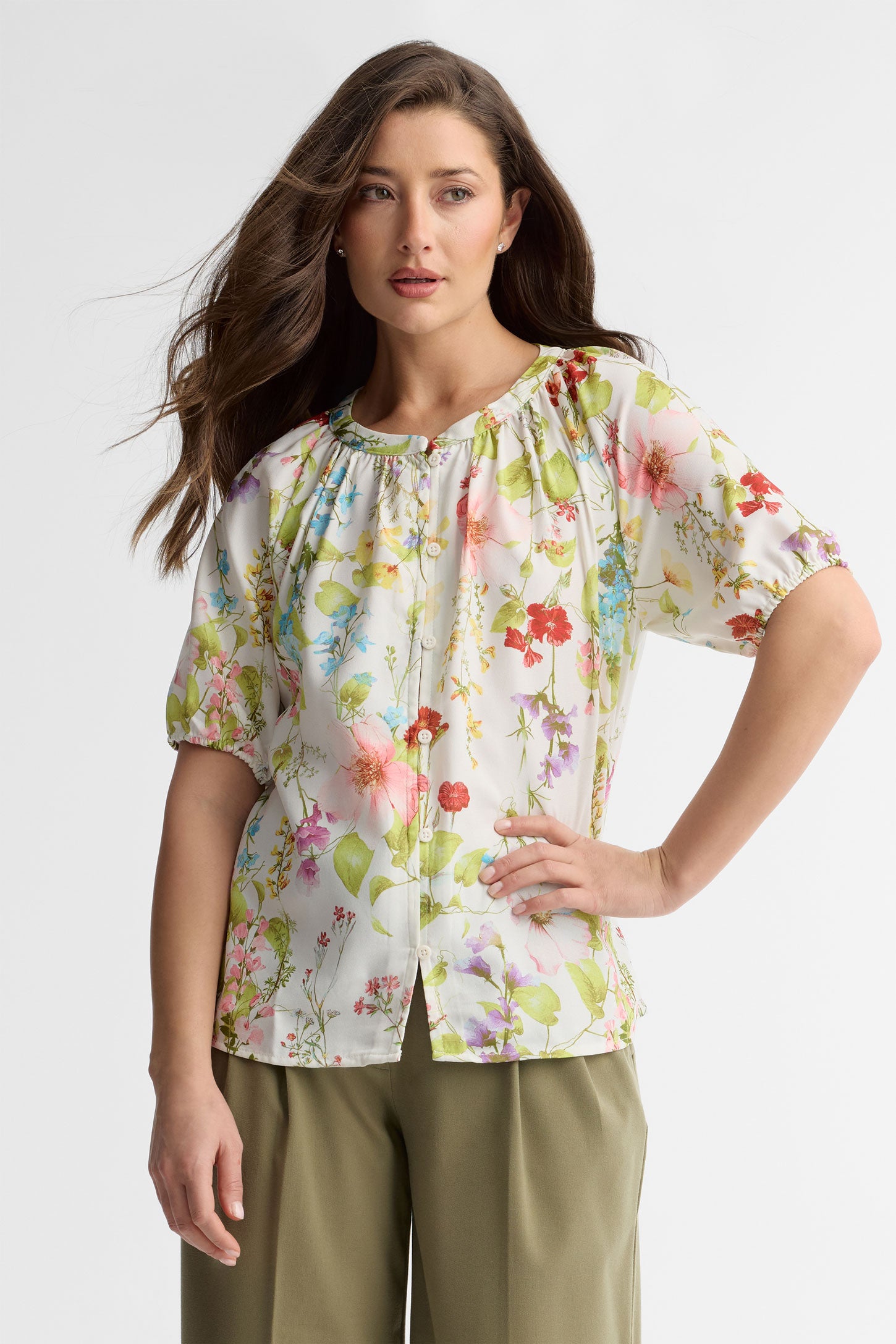 Chemisier manches courtes ballon florale - Femme && BLANC MULTI