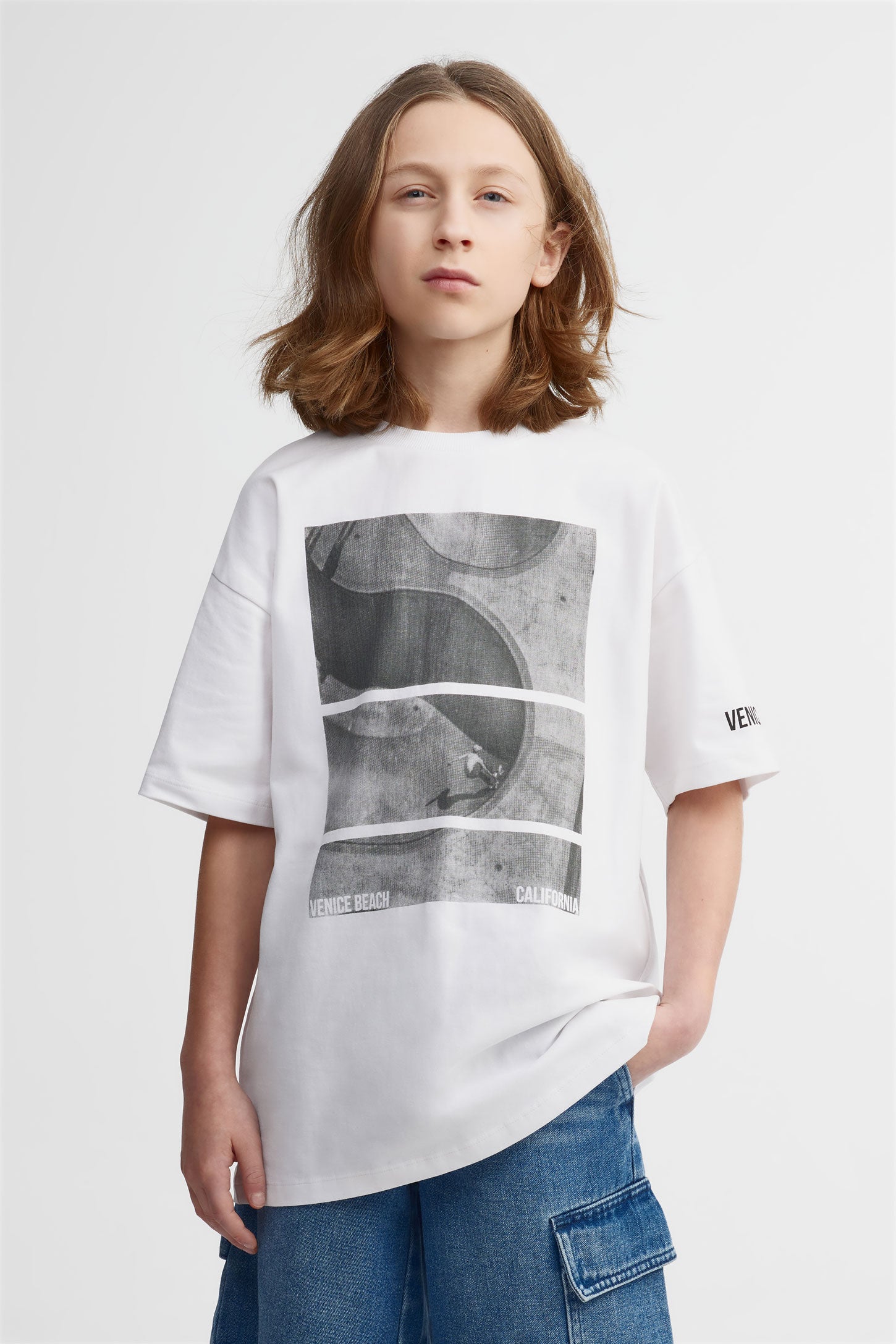 T-shirt col rond coupe surdimensionnée - Ado garçon && BLANC