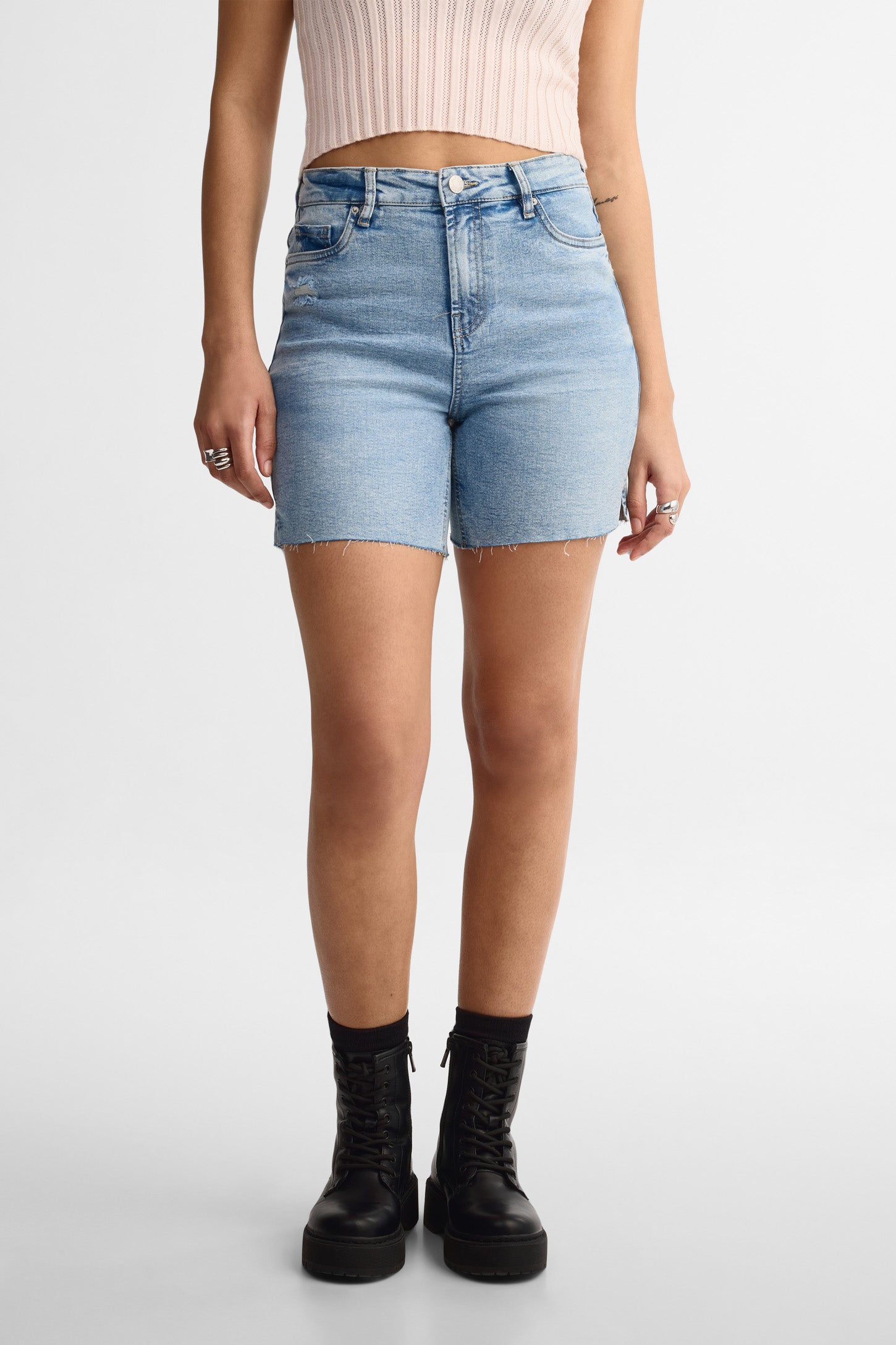 Short en jeans taille haute coupe droite - Femme && DENIM PALE