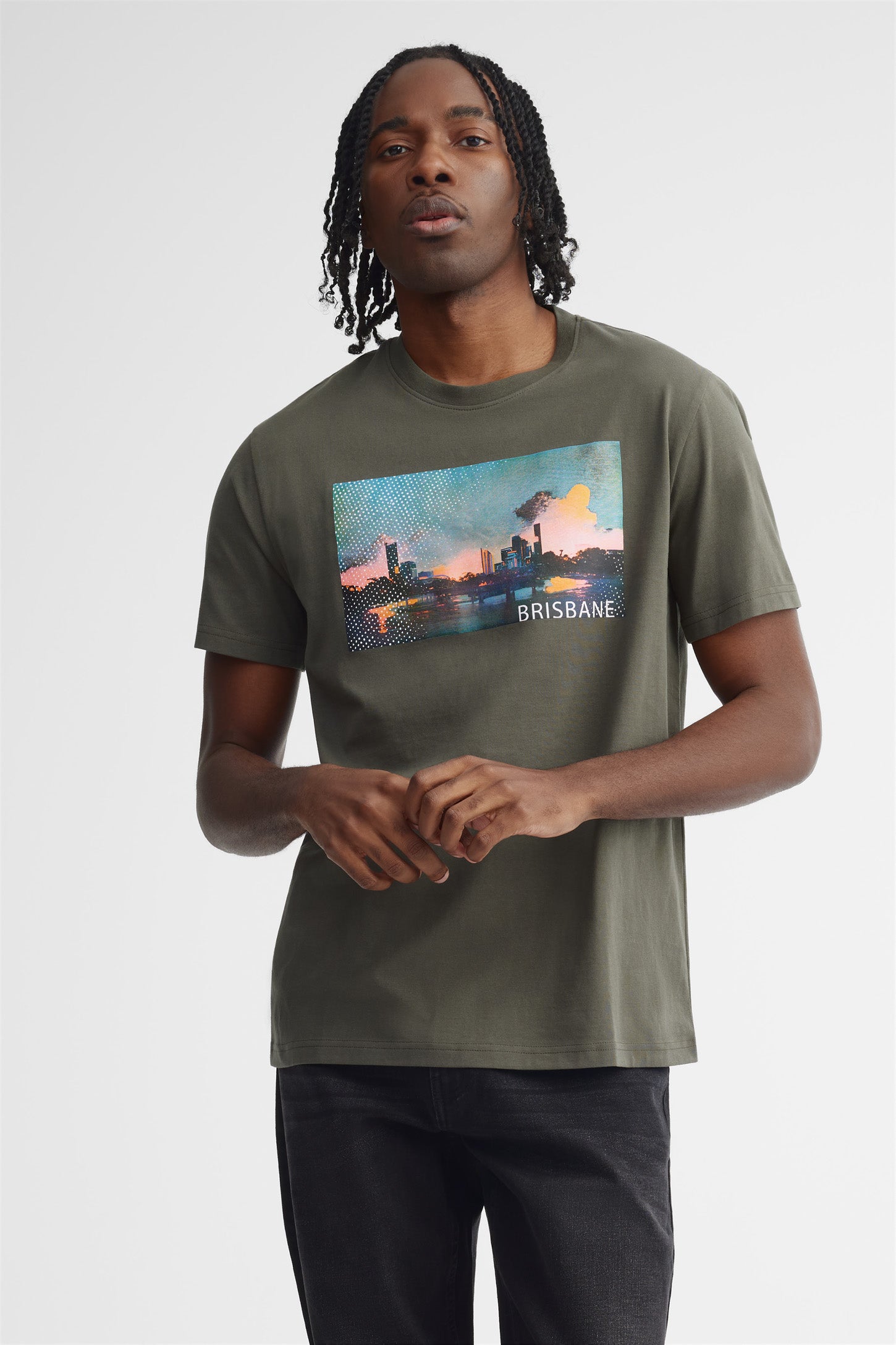 T-shirt col rond en coton - Homme && BRUN