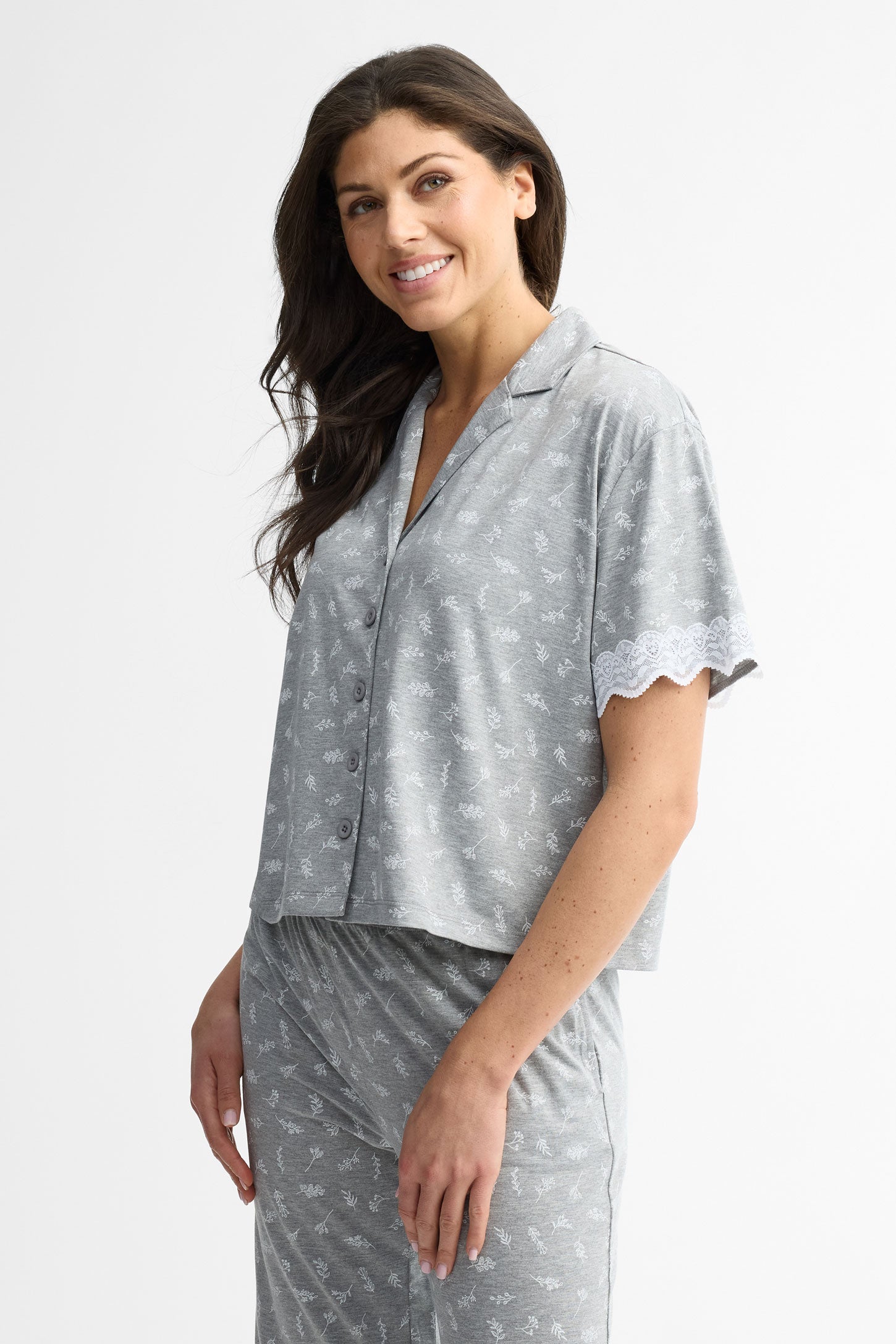 Chemise pyjama manches courtes en dentelle - Femme && GRIS MIXTE