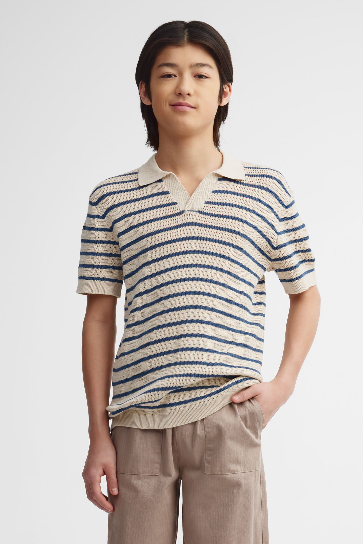 Polo rayé manches courtes en tricot - Ado garçon && BEIGE/MULTI