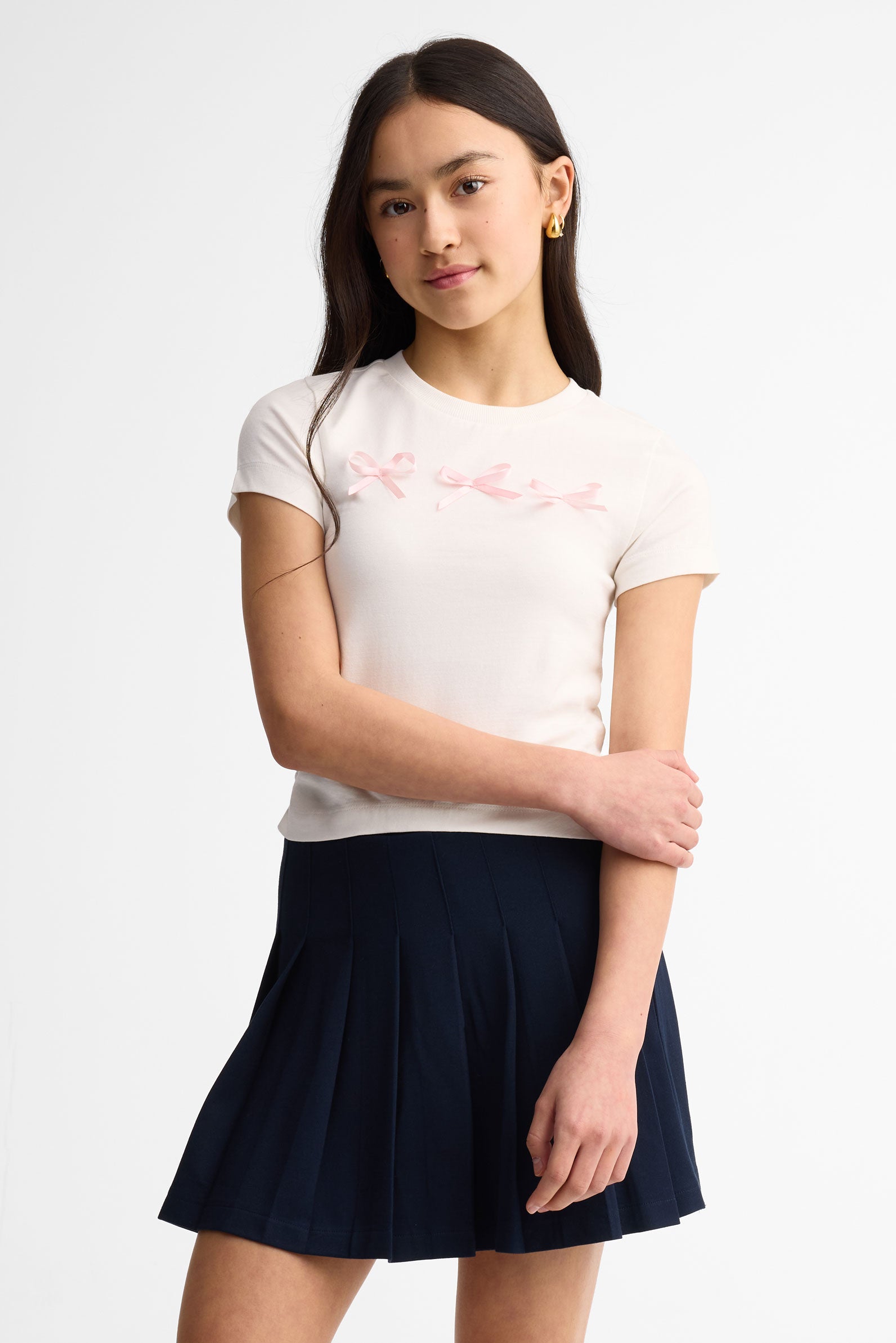 T-shirt col rond avec boucles en coton - Ado fille && BLANC