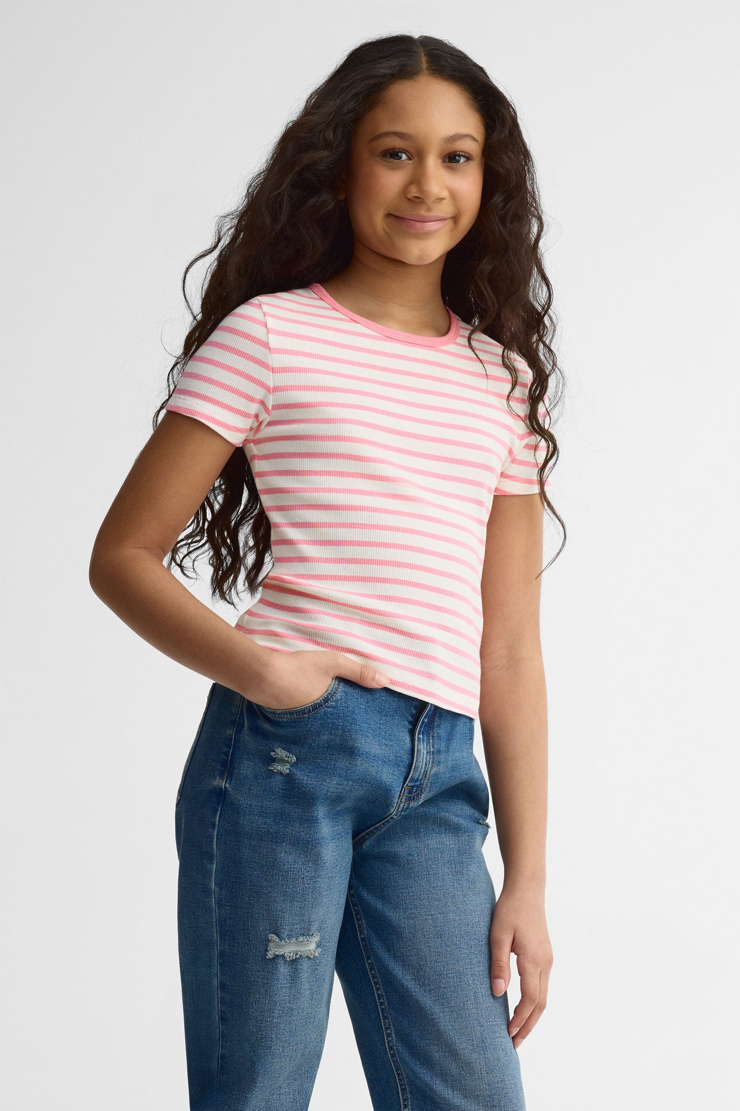 T-shirt côtelé coton - Ado fille && ROSE MULTI