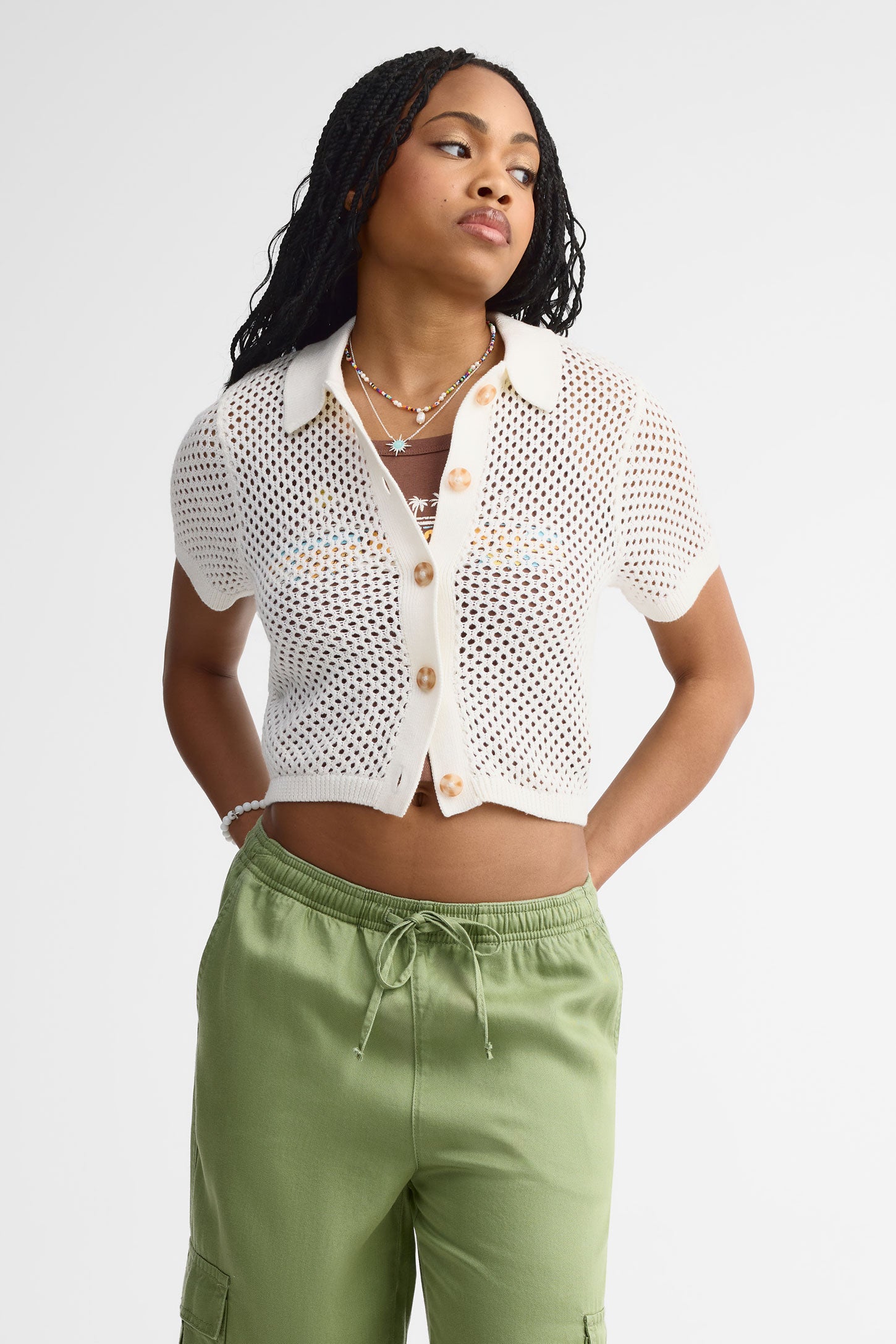 Chemisier manches courtes en crochet - Femme && BLANC
