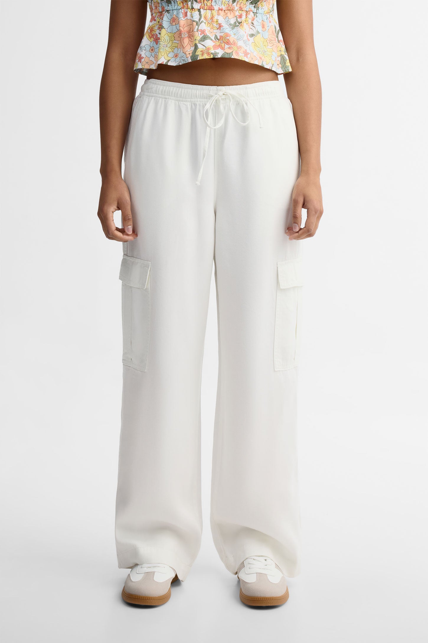Pantalon cargo jambe large coton - Femme && BLANC
