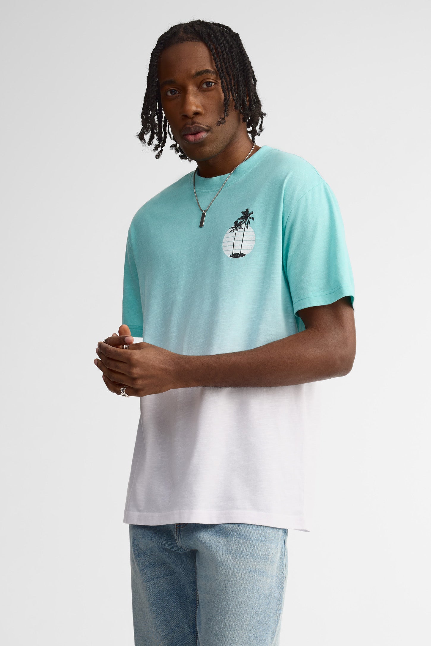 T-shirt col rond imprimé coton - Homme && TURQUOISE/MULTI
