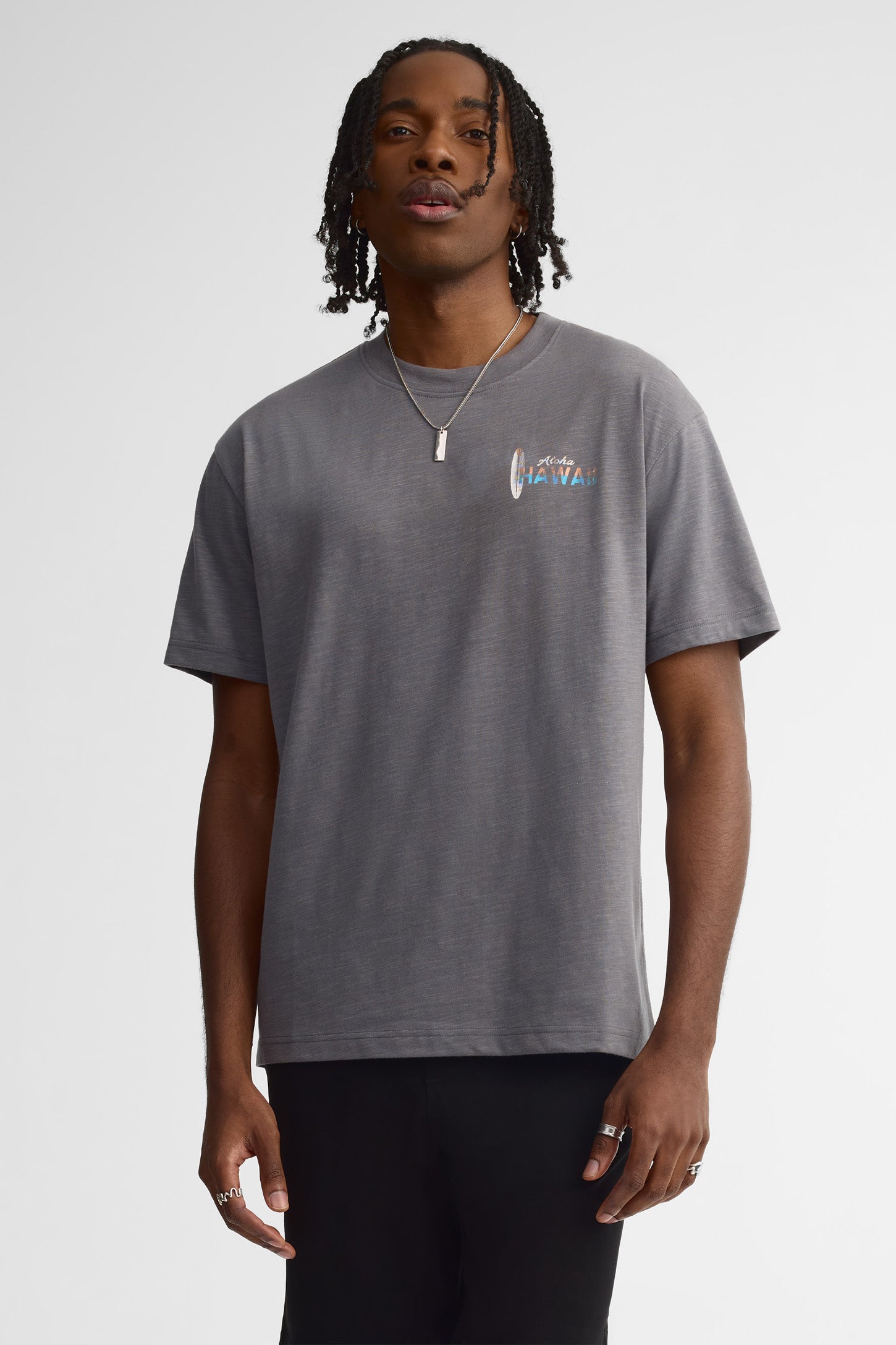 T-shirt col rond imprimé coton - Homme && GRIS MULTI