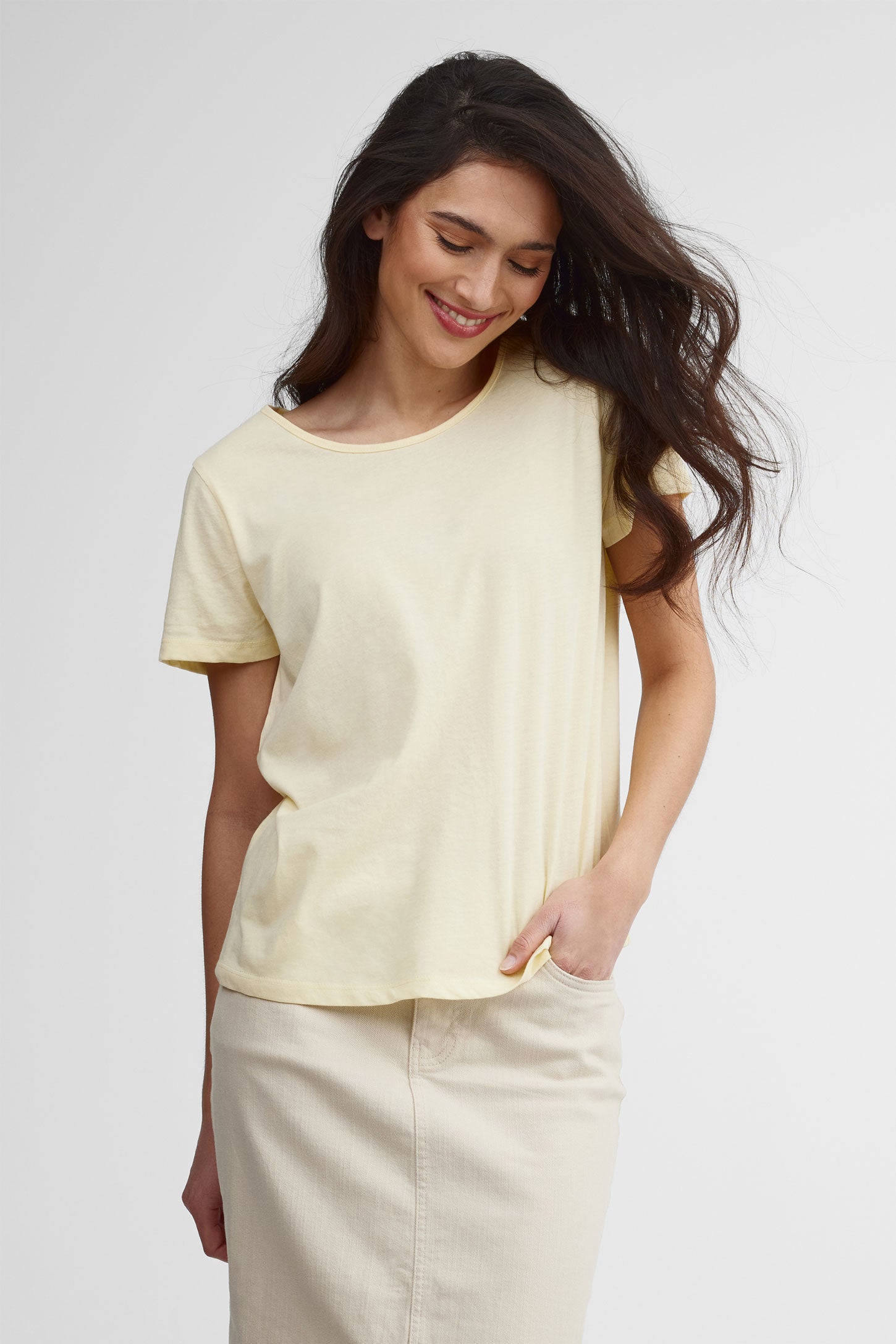 T-shirt col rond coupe ample coton - Femme && JAUNE