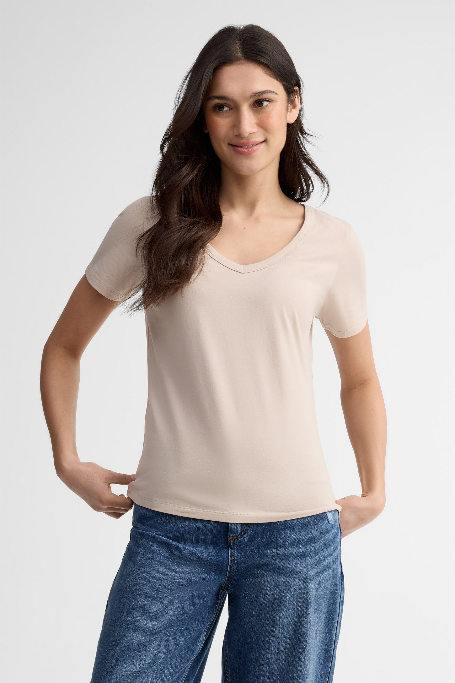 T-shirt col en V coton - Femme && BEIGE