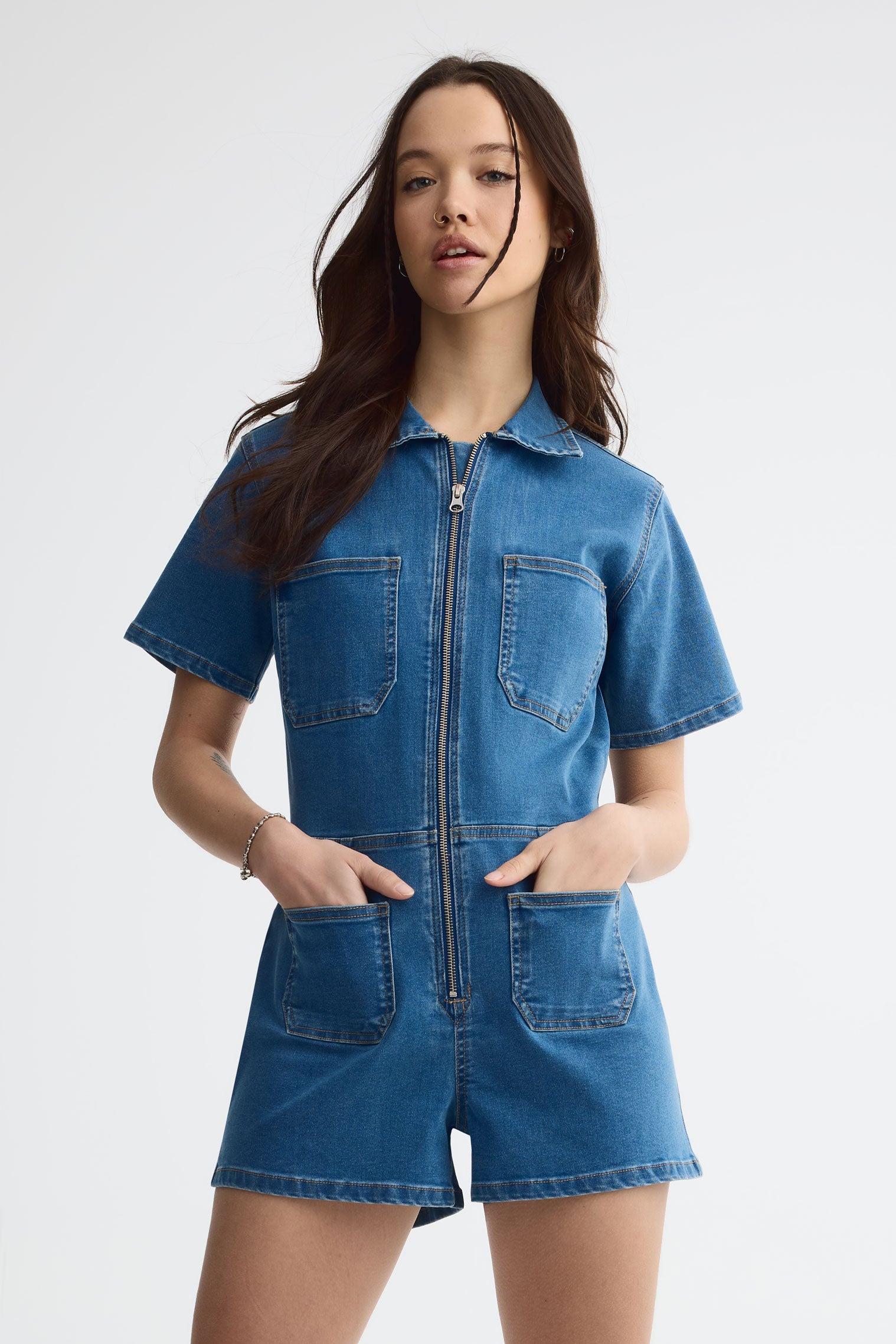 Combi-short en jeans - Femme && DENIM MOYEN