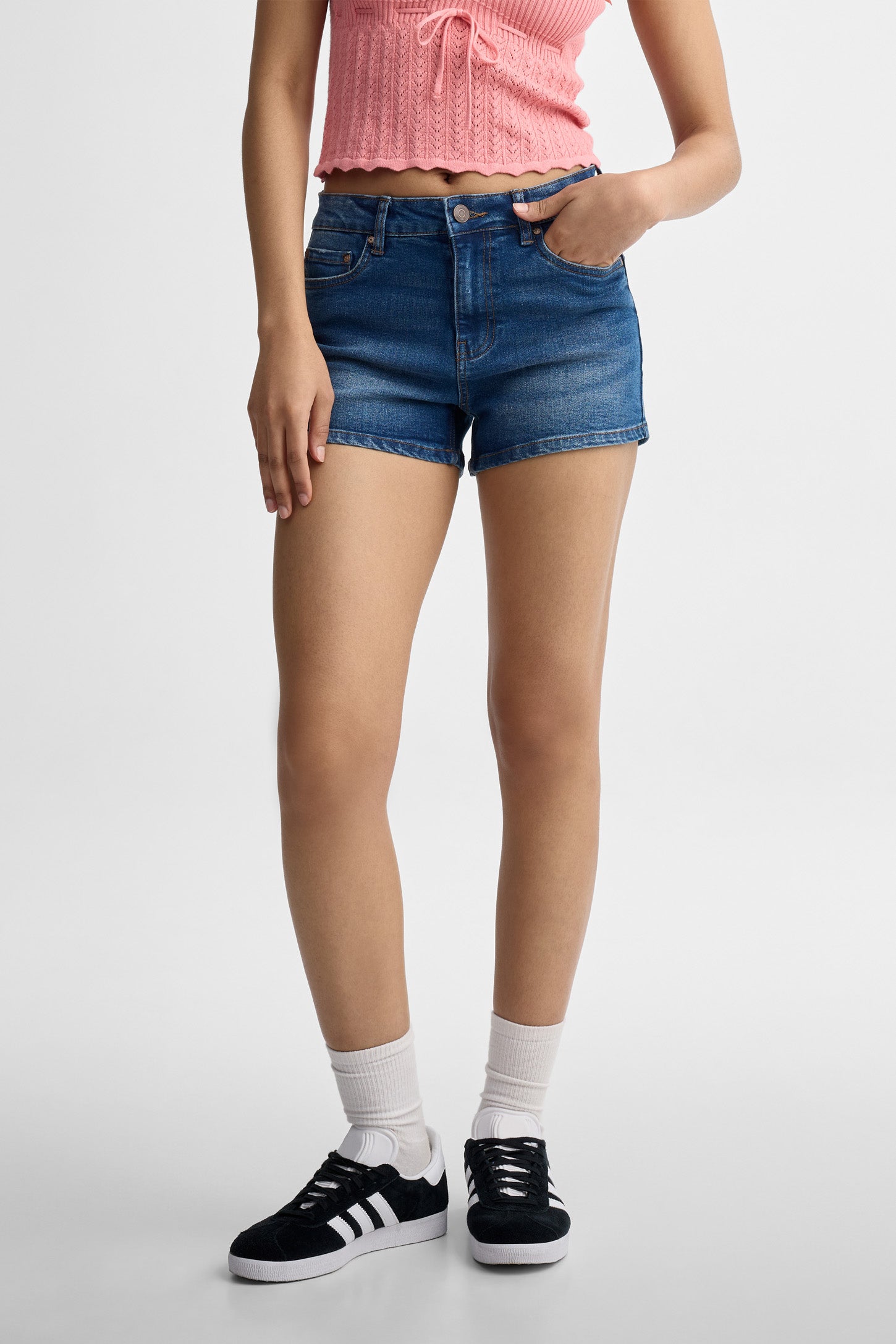 Short ''mom'' taille haute en jeans - Femme && DENIM FONCE