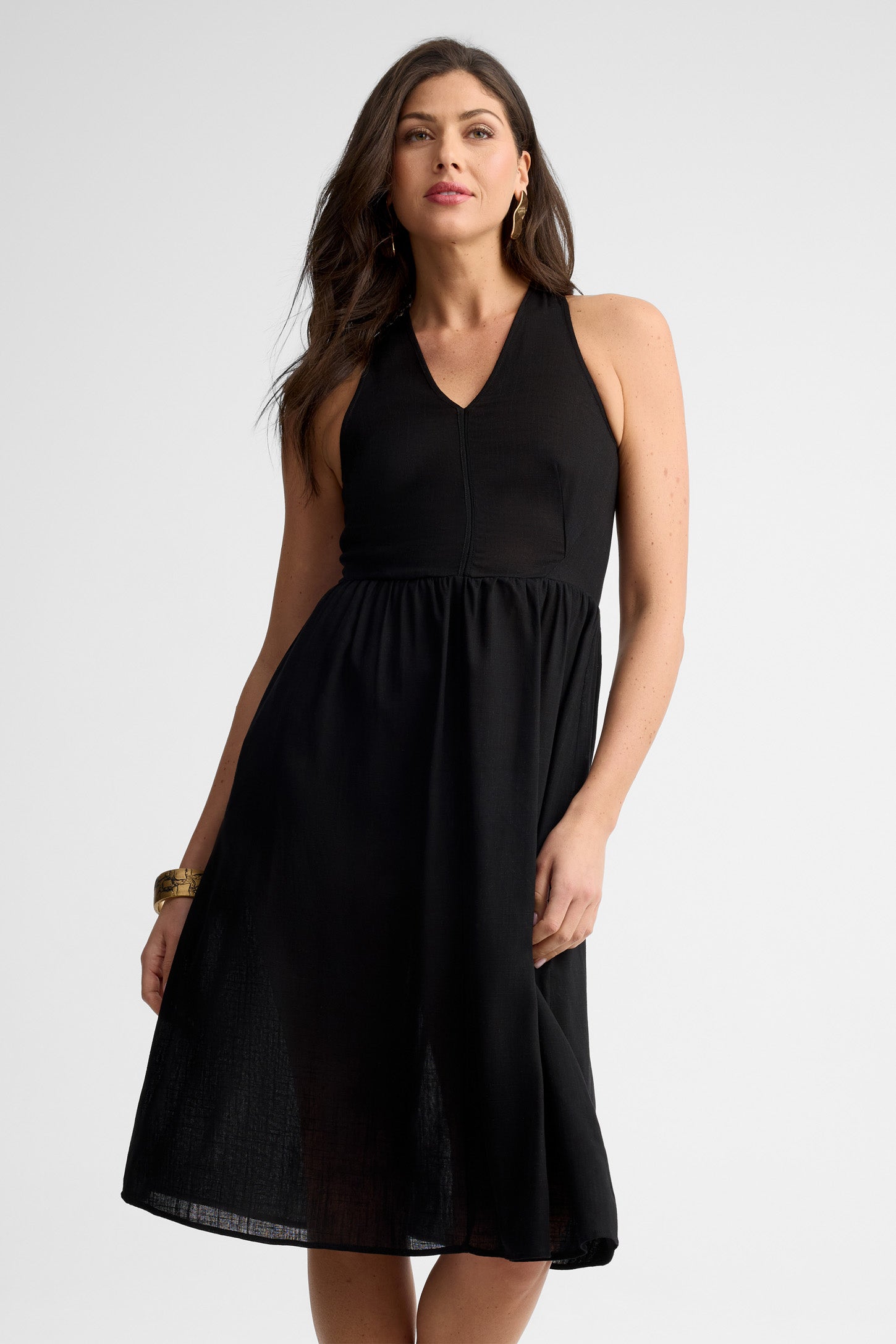 Robe midi col en V lin - Femme && NOIR