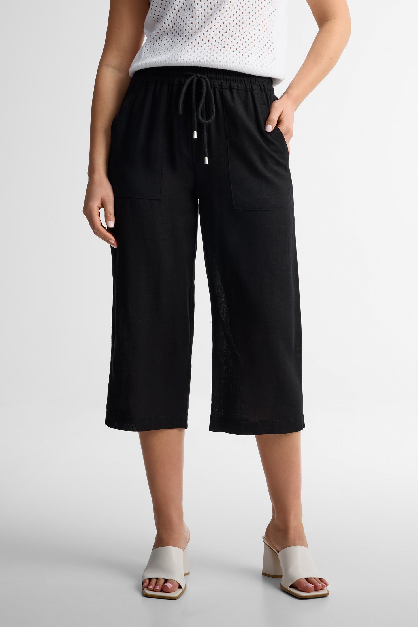 Capri taille haute jambe large lin - Femme && NOIR
