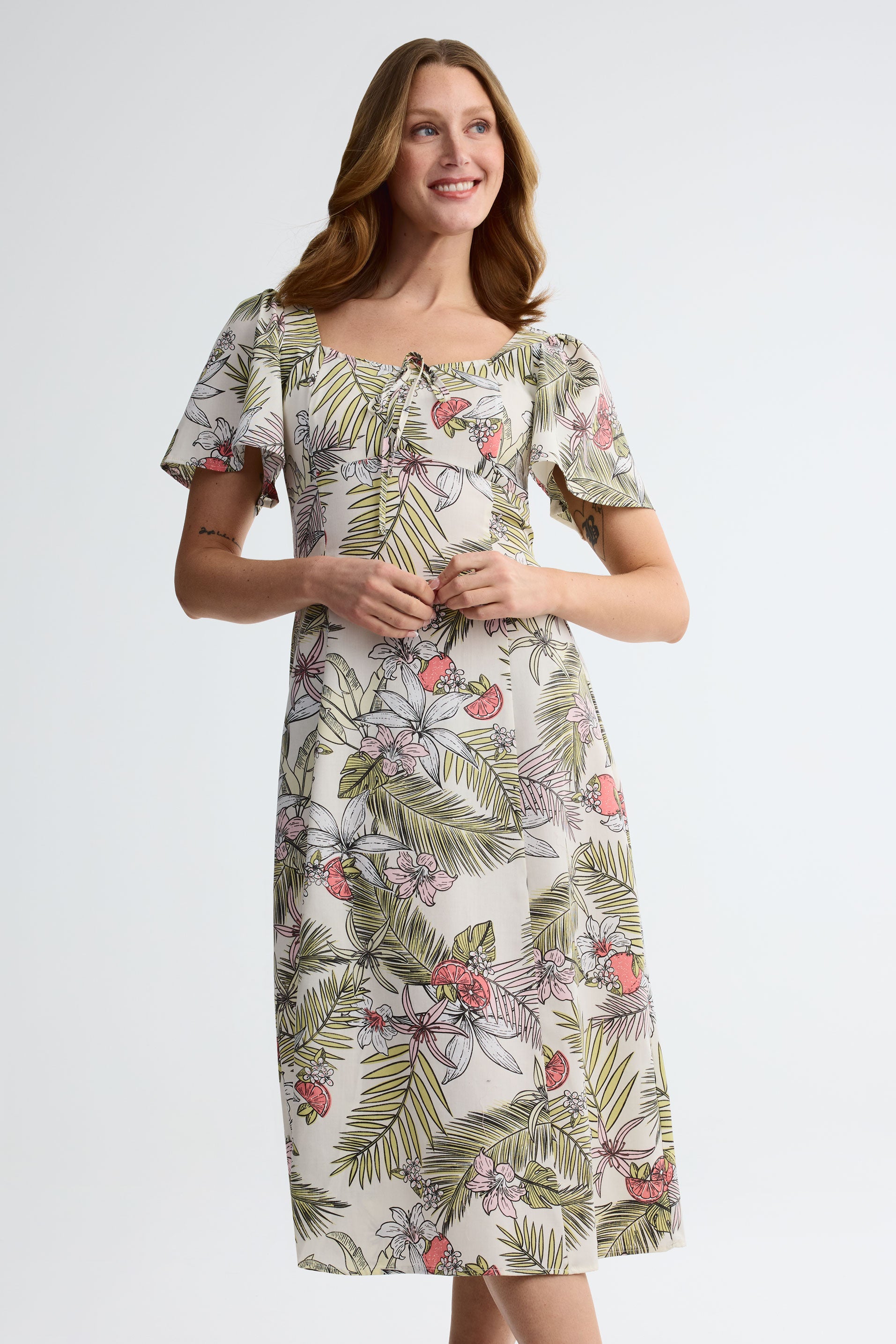 Robe midi manches courtes flottantes challis - Femme && JAUNE/MULTI