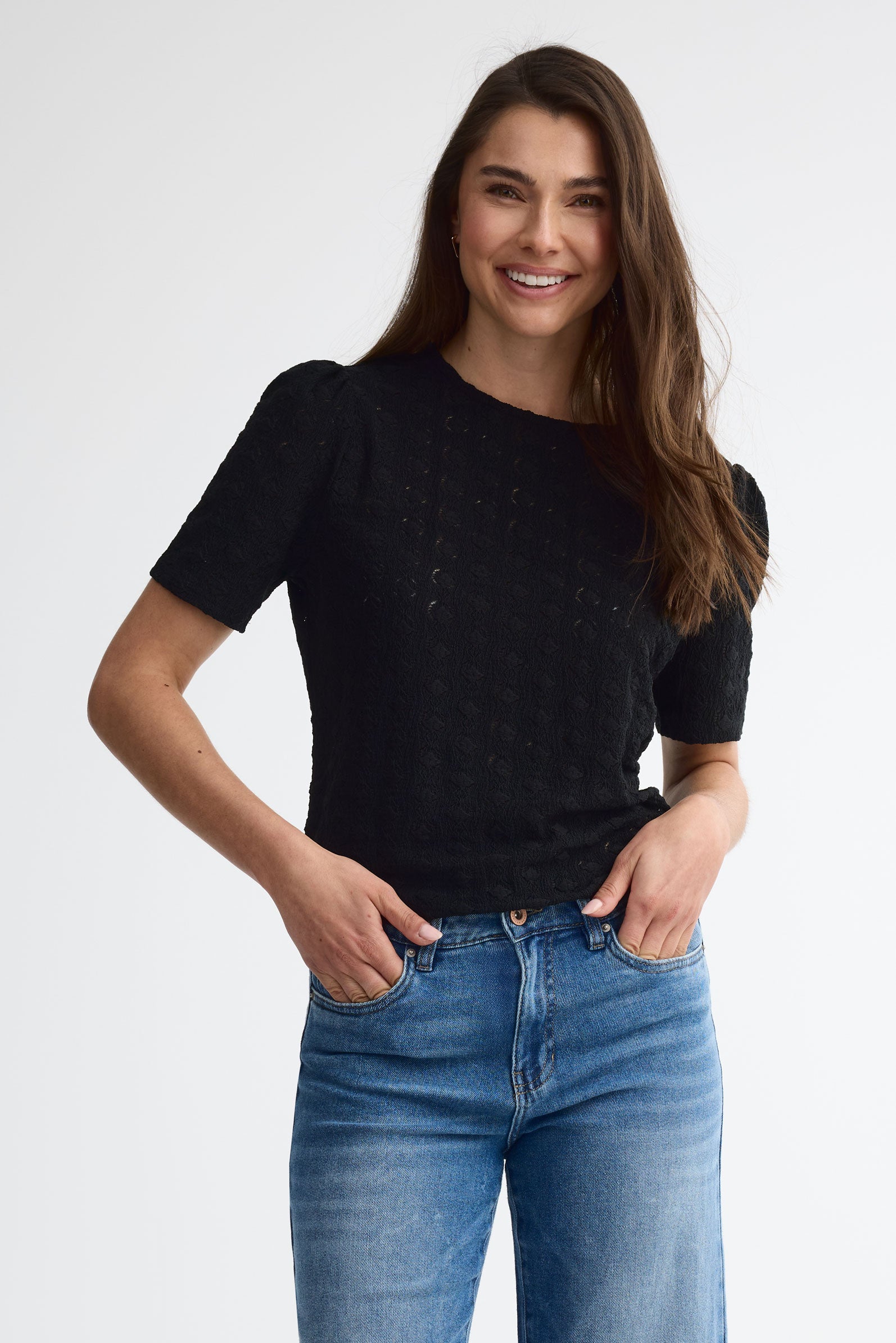 T-shirt col rond texturé - Femme && NOIR
